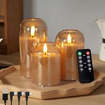 Rechargeable Glass Jar Flameless Candles, Realistic Flickering LED Pillar Real Wax Candle with Remote and Timer,LED Candles Warm Color Flickering Light for Festival Home Party DecorPack of 3-Gold
