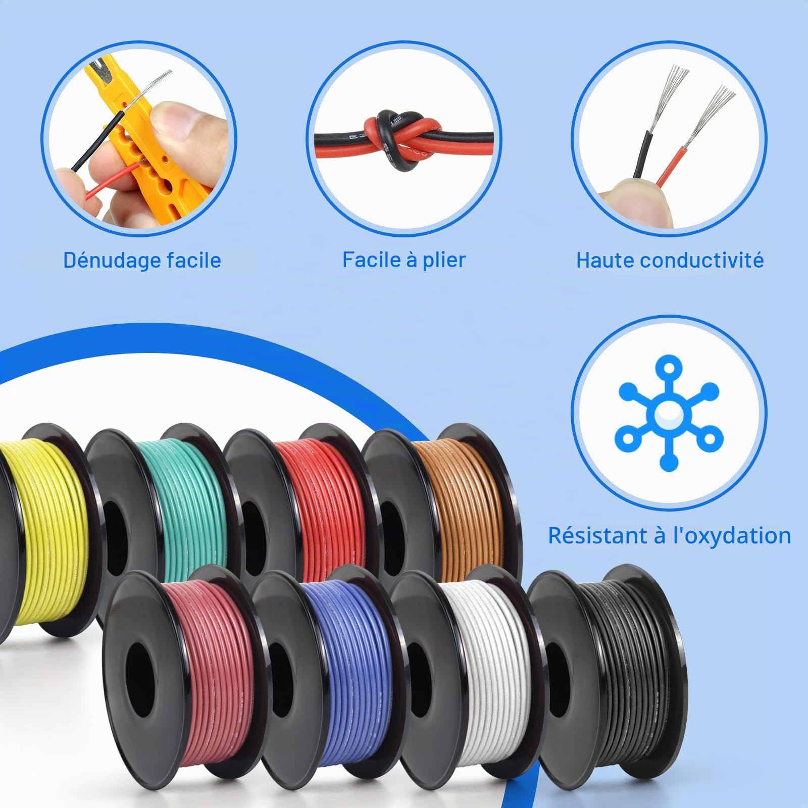 LightingWill Lot de Câbles en Silicone 18 AWG (0,75mm²), 8 Couleurs, 5 m/Rouleau, Fil en Cuivre Étamé Ultra Flexible, Idéal pour Bricolage, Électronique, Voiture et Projets Domestiques