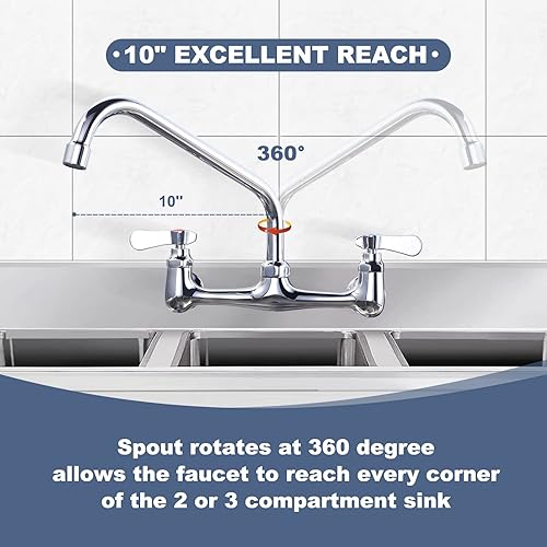 Miniatura 5 de Grifo de fregadero comercial con boquilla giratoria de 10 pulgadas, grifo de cocina de montaje en pared central de 8 pulgadas, grifo de fregadero de