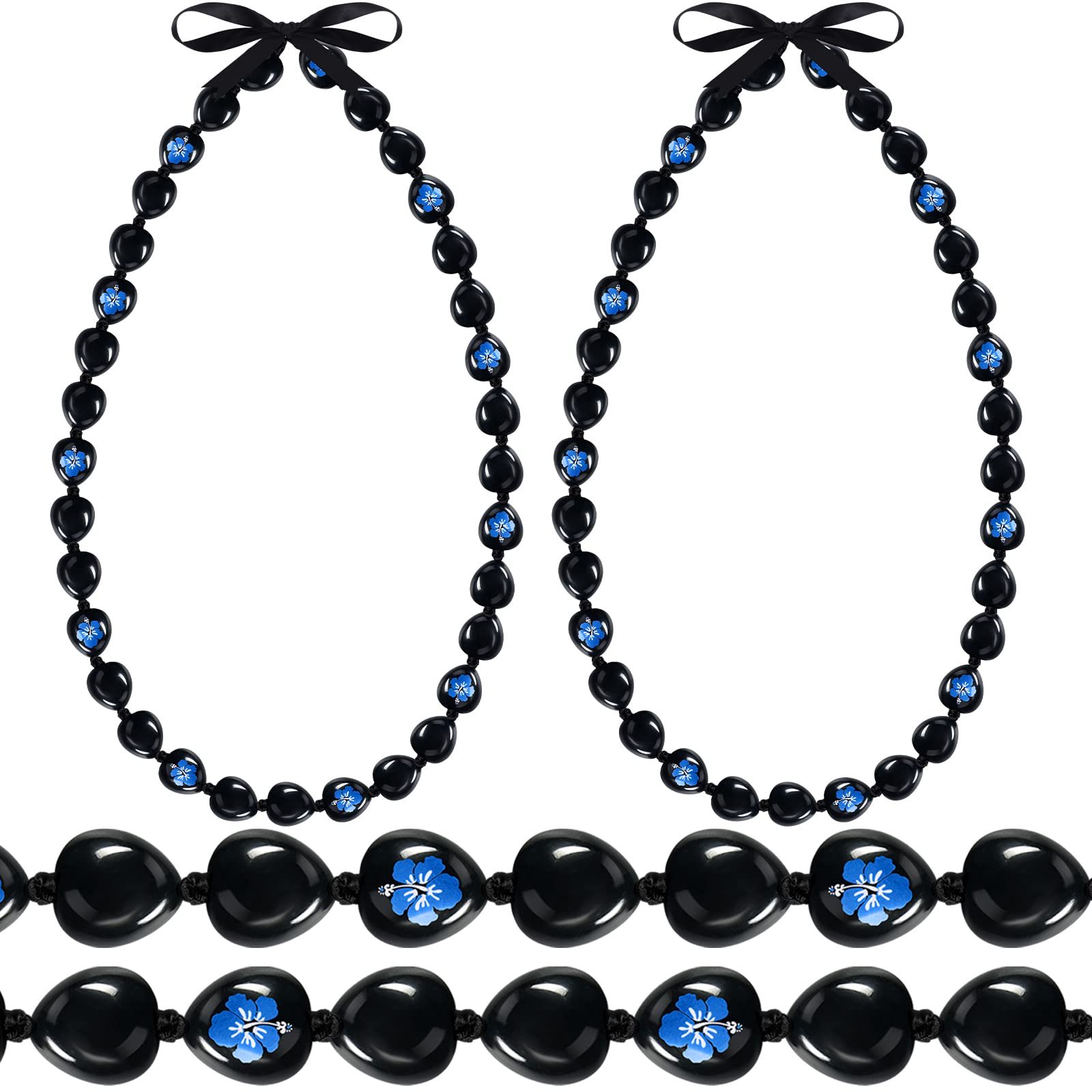 Jexine Graduation Kukui Nuts Lei Chunky Hawaiian Kukui Nut Leis with Blue Flower for Women Party 2024 Graduation Gifts