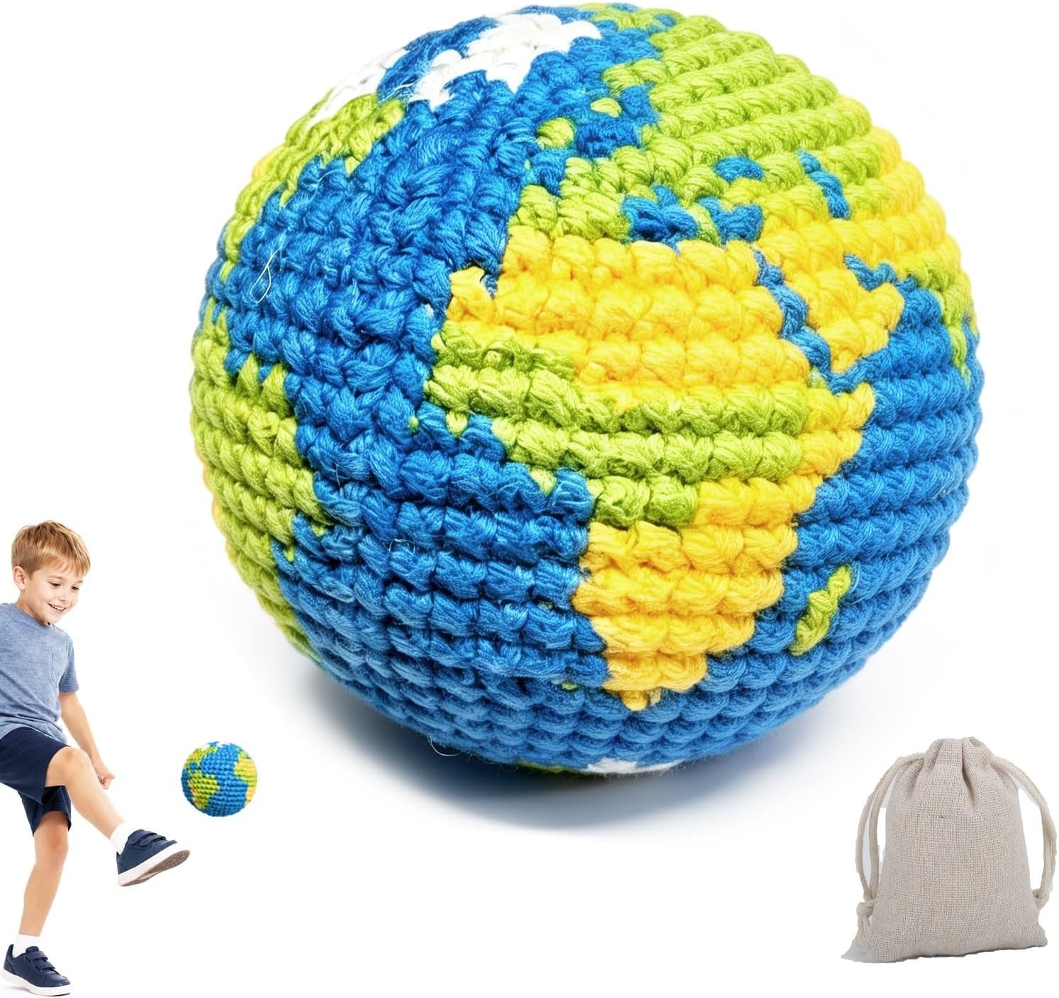 Crochet Footbag Ball, Handmade Earth Kick Bag Toy, Soft Knitted Juggling Bean Bag for Kids Adults Outdoor Game, Handwoven Toss Pack