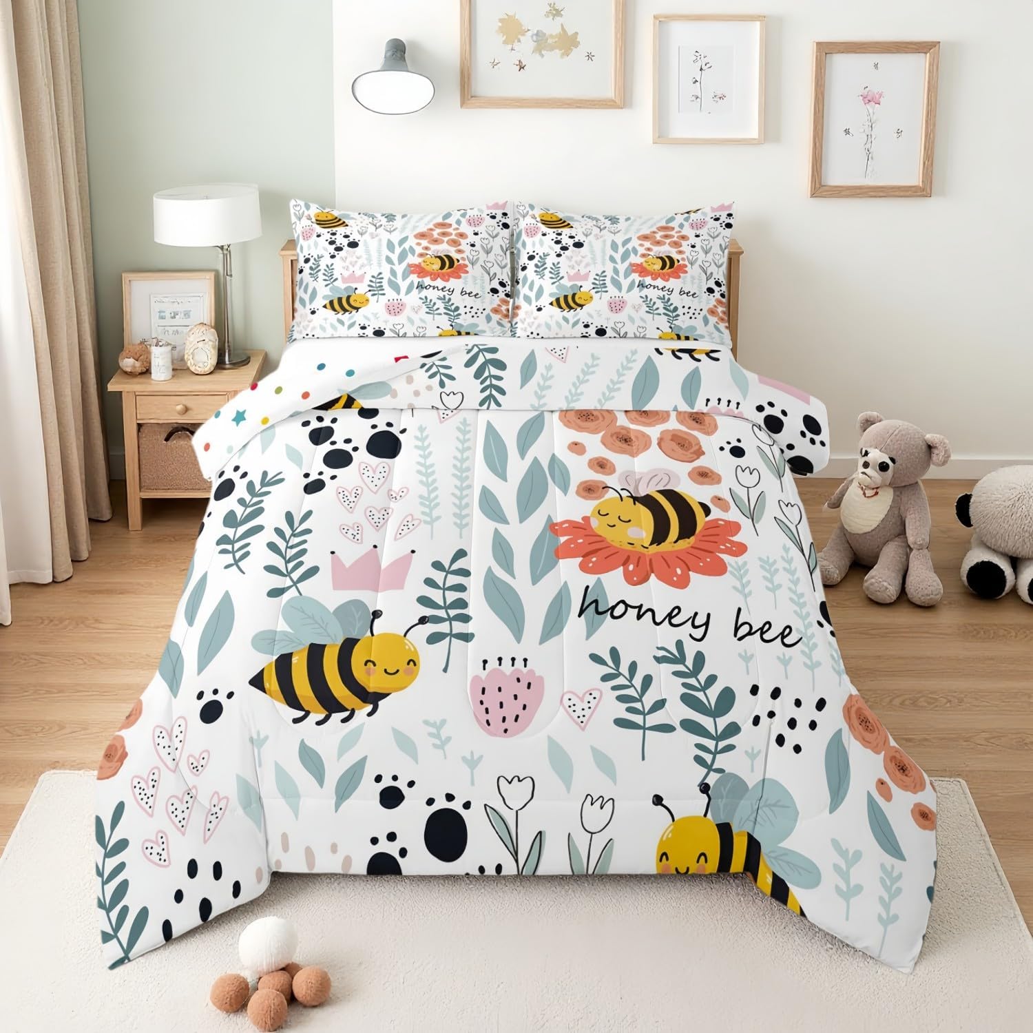 Erosebridal かわいい蜂の寝具セット、漫画の蜂の掛け布団セットツイン、かわいいラブハートリーフフラワー掛け布団セット 子供