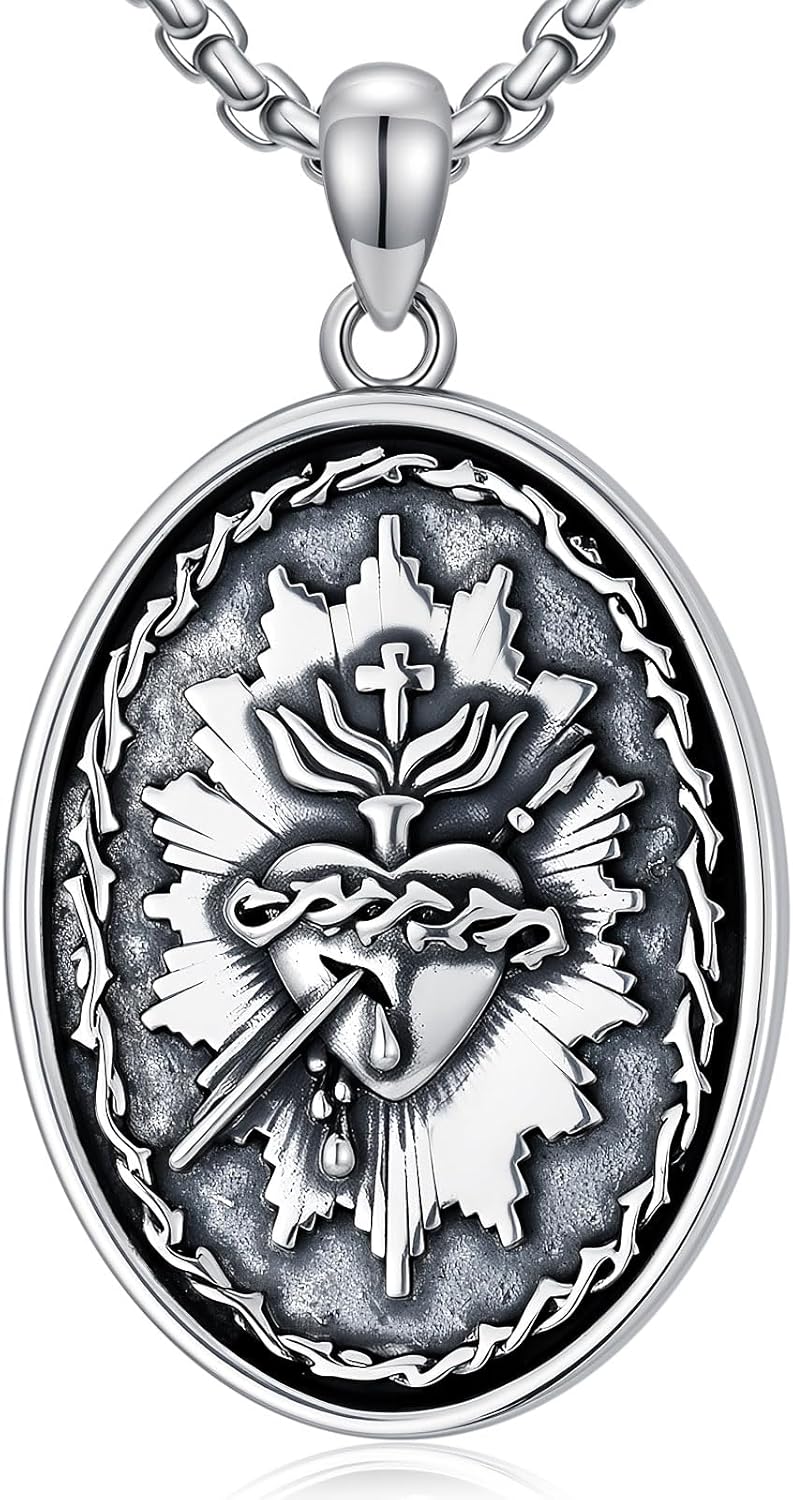 Sacred Heart Necklace 925 Sterling Silver Sacred Heart of Jesus Pendant Christian Jewelry for Men Women