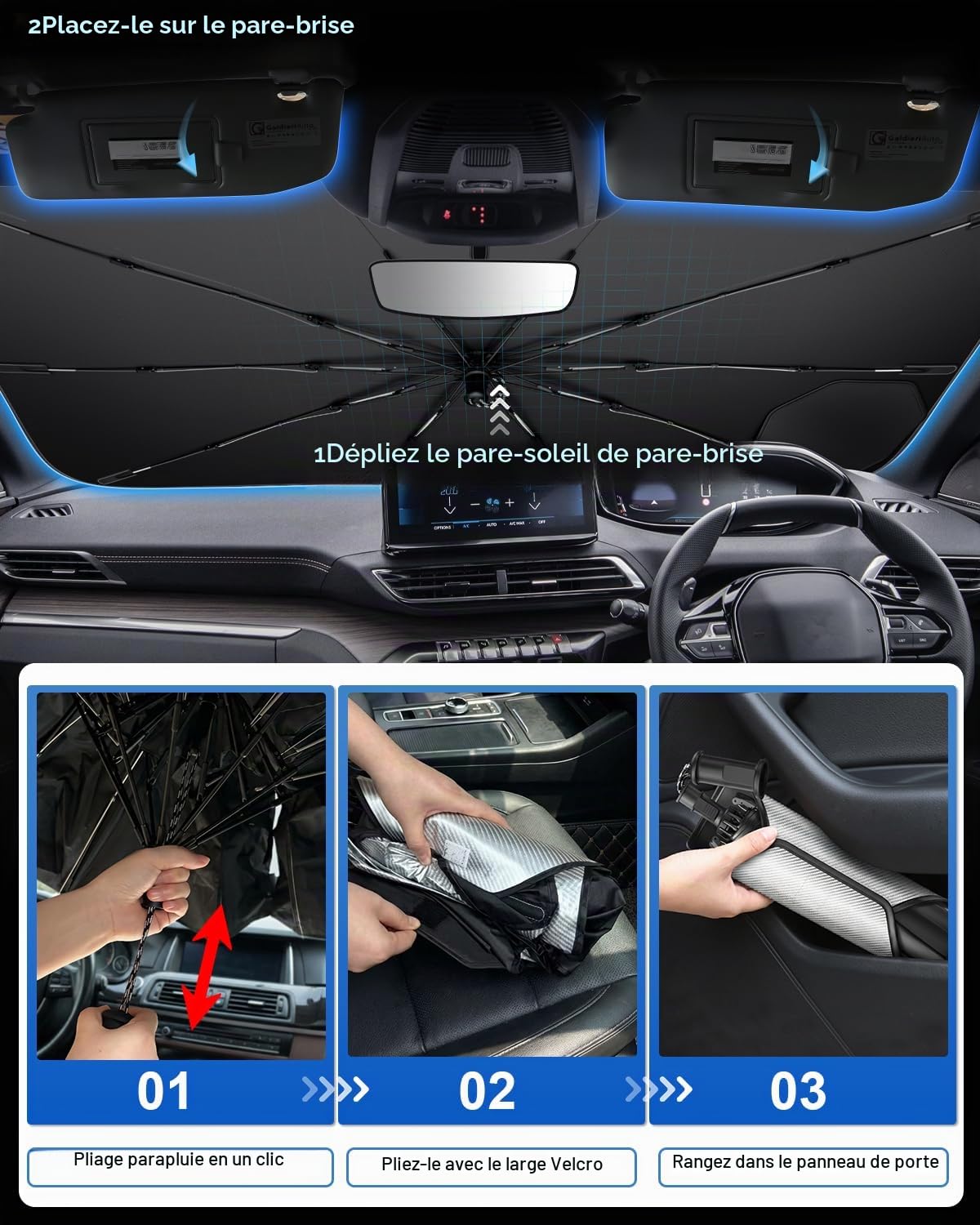 SHAOHAO Pare-Soleil Parapluie pour Peugeot 3008/5008 2016-2024 avec Poignée à Cordon en Nylon Souple, Protection d'Écran Anti-Rayures, Isolation Thermique UV Parasol de Voiture Pliable Accessoires
