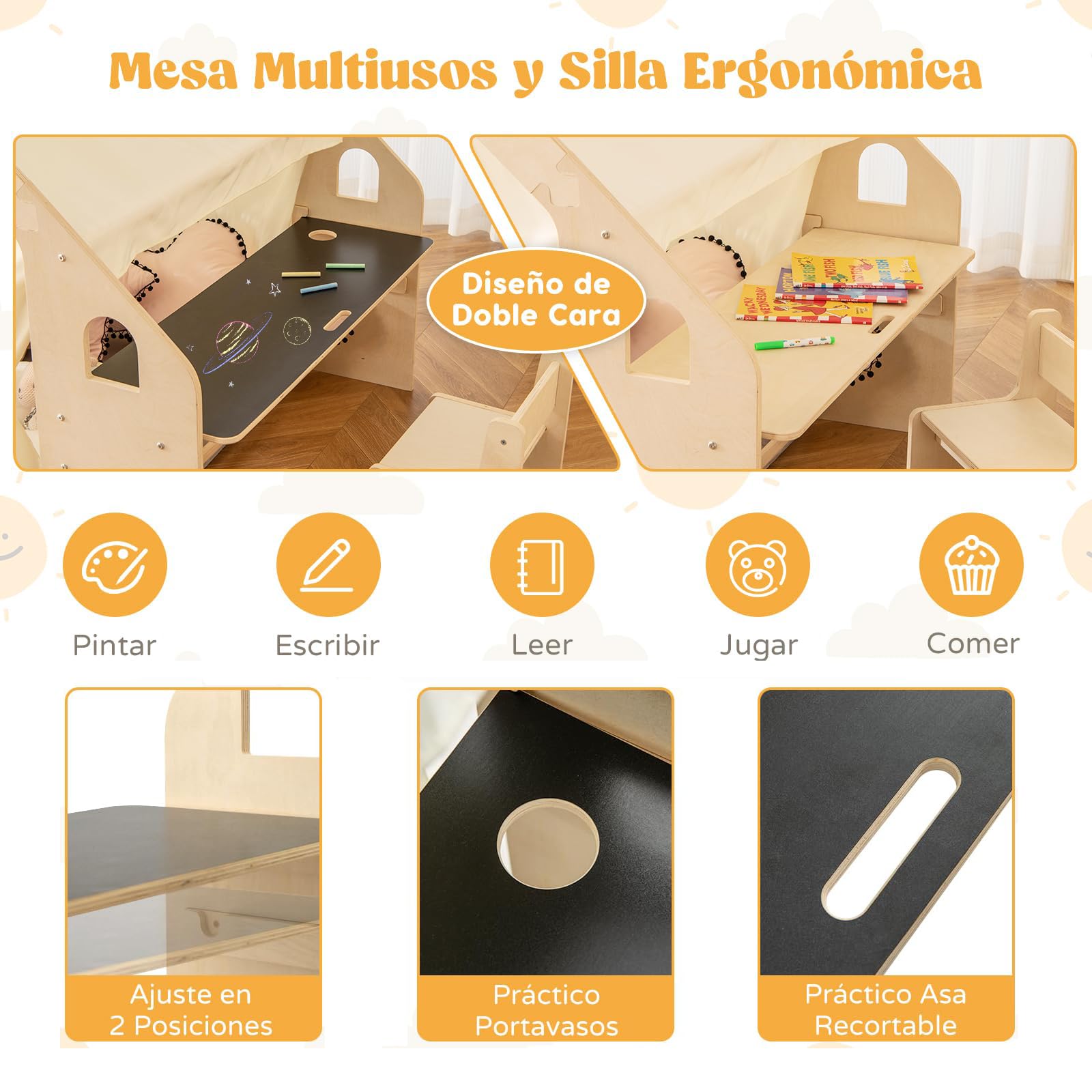 RELAX4LIFE 6 en 1 Tienda de Campaña Infantil con Estructura Madera, Mesa de Doble Cara, Silla, Pizarra, Alfombra y 6 Cajas, Parque Infantil Bebe con 2 Puertas y Ventana, Casita Infantil