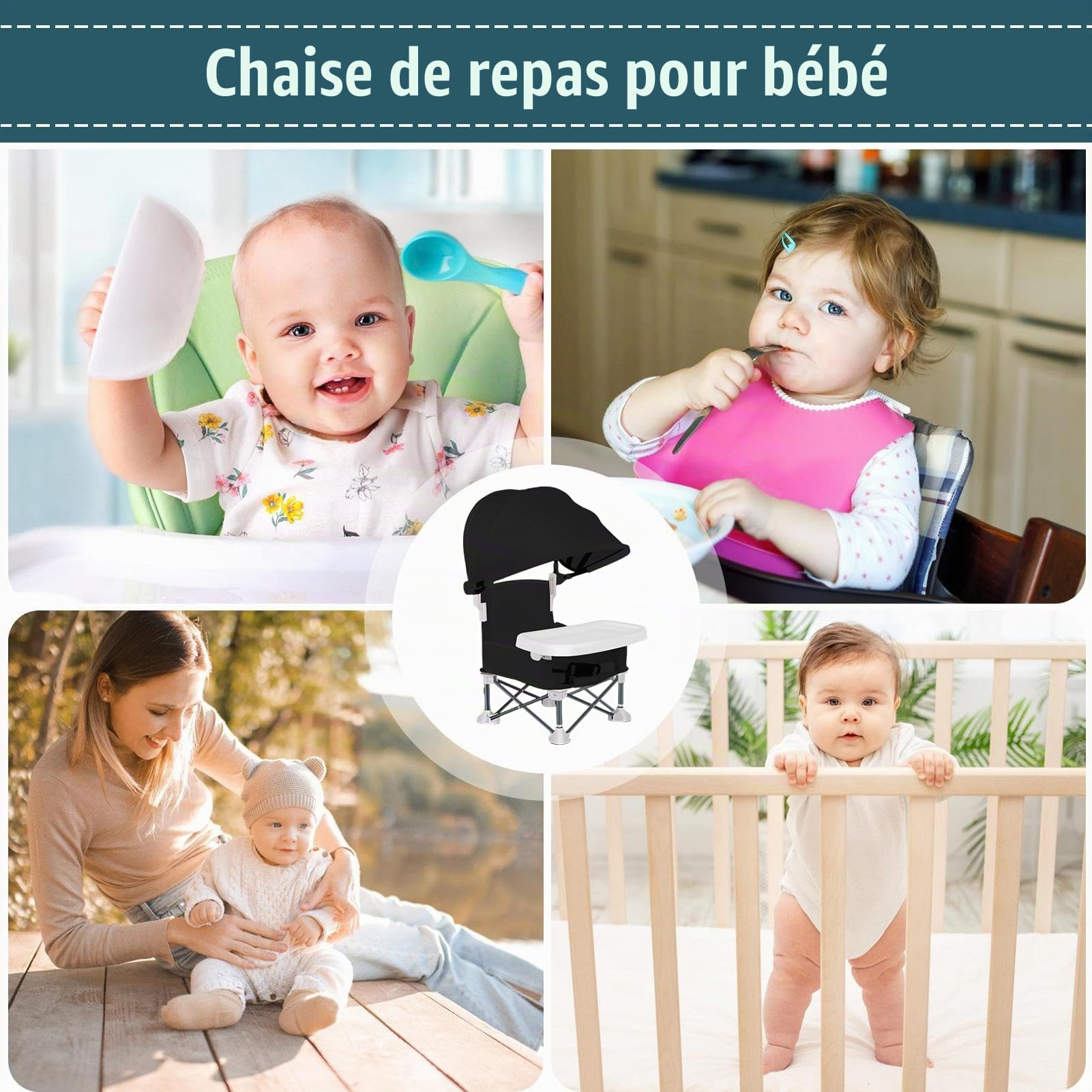 Chaise Haute Pliante Pour Bébé,Siège de Voyage avec Plateau pour Jeune Enfant - Chaise Repliable pour Bébé avec Store pour Extérieur Maison Pelouse Plage Camping Voyage