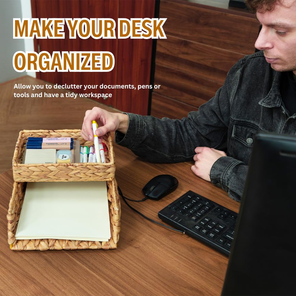 HAMOTOPI Schreibtisch-Organizer, Briefablage, 2er-Set, gewebte Wasserhyazinthe, Tischplatte für die Aufbewahrung von Papier, Briefordner, Notizbücher, Kopierdruck, Arbeitsplatzhalter, hält