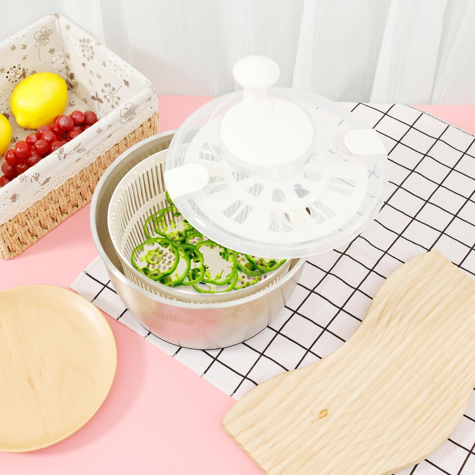 THEGA Secador De Verduras De 5 L, Centrifugadora De Lechuga De Acero Inoxidable 304, Secadora De Lechuga, Centrifugadora De Lechuga Multiusos, Centrifugadora De Ensalada con Orificio De Drenaje