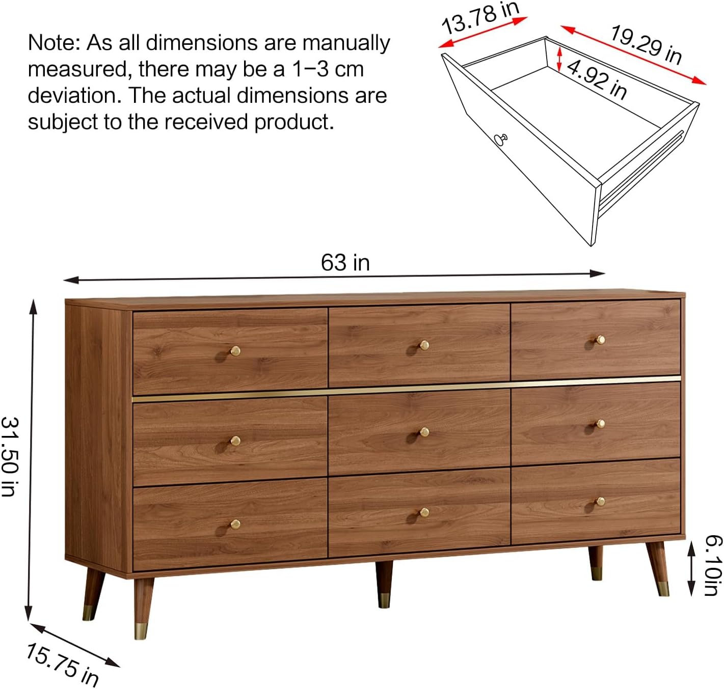 9 drawer dresser,63" wide mid century modern chest of drawers,wooden bedroom drawer dresser with 9 storage drawers for bedroom, living room,with anti-tipping device,walnuts chestnut 15.8"d x 63"w x 31.5"h (6 drawers)