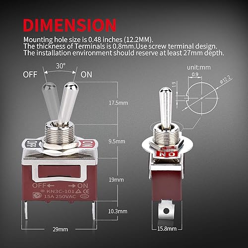 Miniatura 3 de DaierTek SPST - Interruptor de palanca impermeable de 12 V CC 30 A, 125 VCA, 20 A, marina, resistente, 2 pines, terminales de pala de encendido y