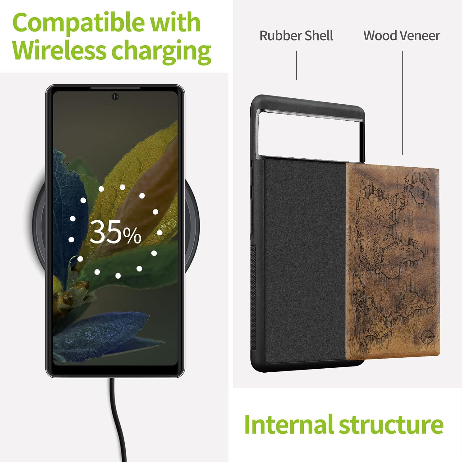 Carveit Wood Case for Pixel 6 Case [Natural Wood & Black Soft TPU] Shockproof Protective Unique & Classy Wooden Cover Compatible with Google Pixel 6 (Compass Maps-Walnut)