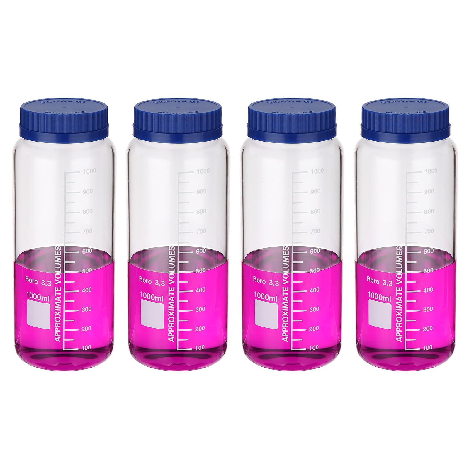 PATIKIL Confezione da 4 bottiglie rotonde per reagenti, in vetro borosilicato da 1000 ml, a bocca larga, graduate, con tappo a vite GL32 blu, per liquidi reagenti d'acqua di laboratorio, trasparenti