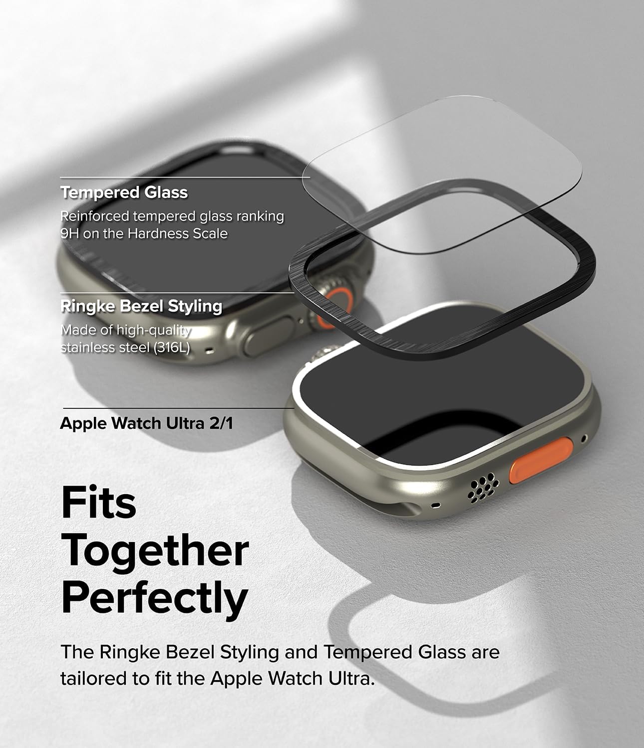 Ringke Bezel Styling & Glass Compatible with Apple Watch Ultra 2 Screen Protector and Designed for Apple Watch Ultra Case Tempered Glass Protector with Stainless Steel Frame - 49-03 (ST) Black