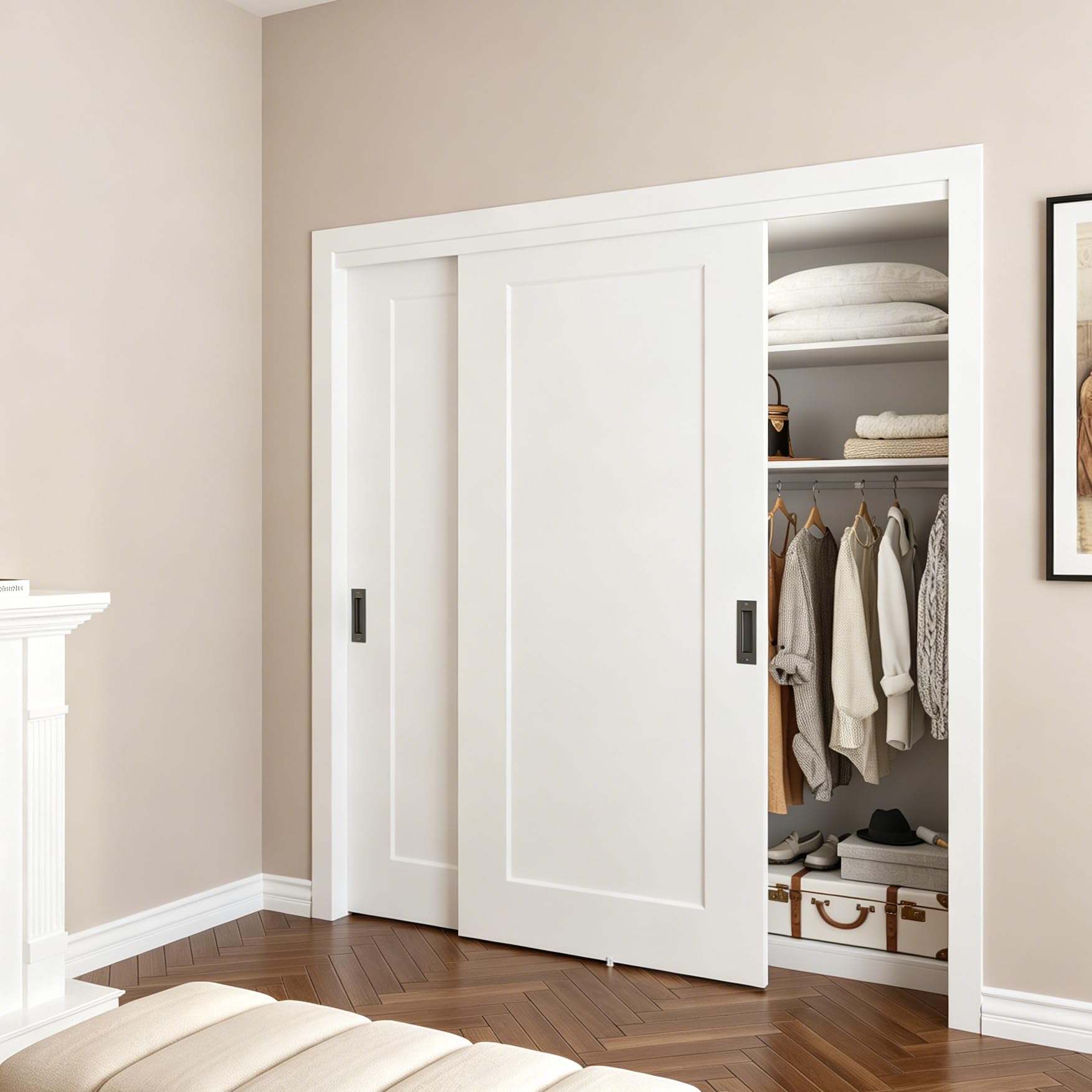 Photo 1 of BARNSMITH 60x80 in 1-Panel Sliding Closet Door, White Primed Bypass Interior Door with Top Track & Floor Guide, Preassembled Door Slab with Paintable Surface