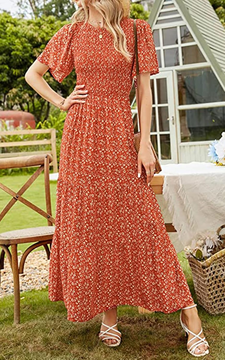 PRETTYGARDEN Women's 2026 Spring Casual Flutter Short Sleeve Boho Floral Maxi Dress Crew Neck Smocked Tiered Long Dresses - Image 6