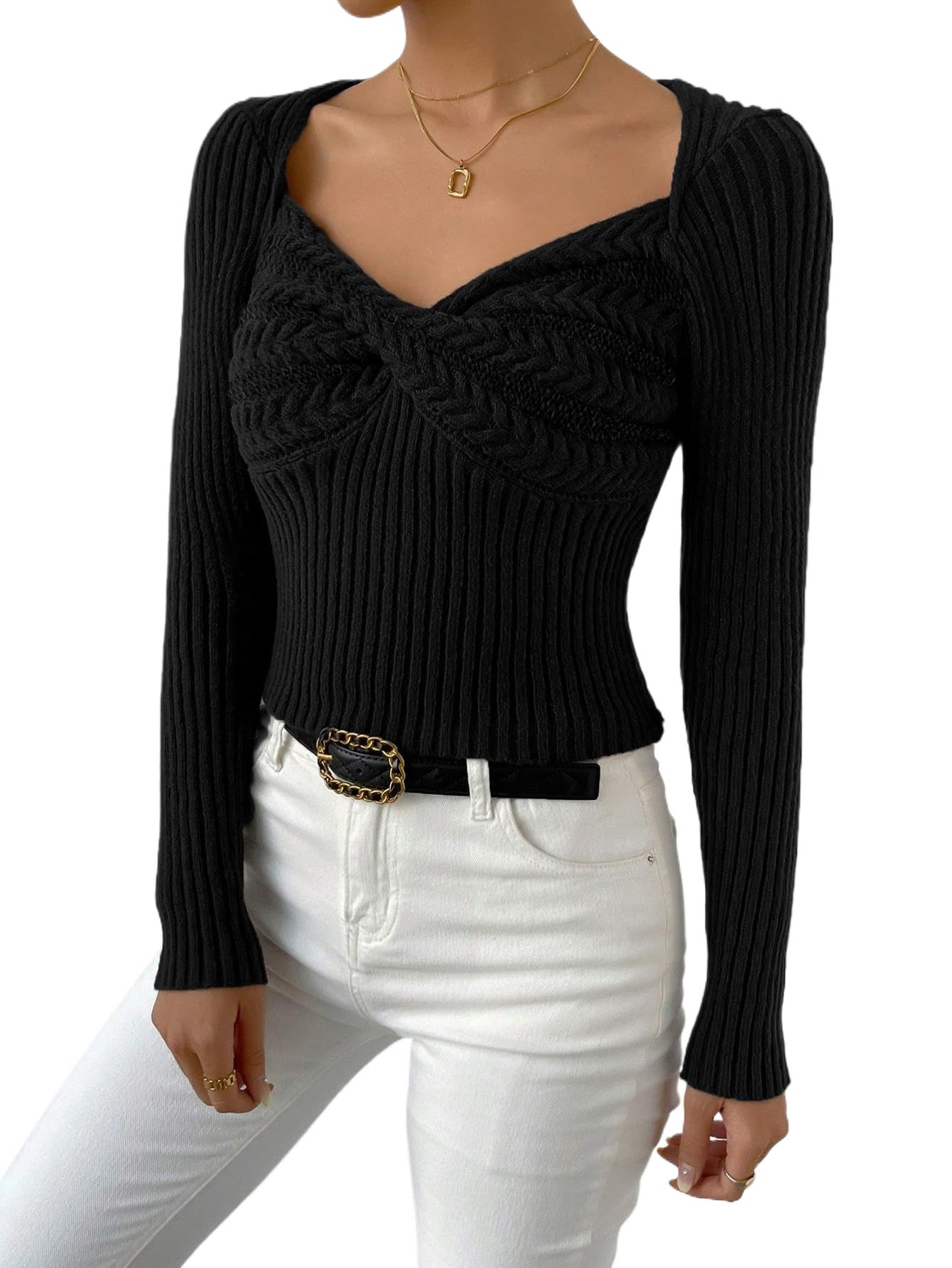 Womens V Neck Twist Front Cable Rib Knit Long Sleeve Pullover Sweater Top