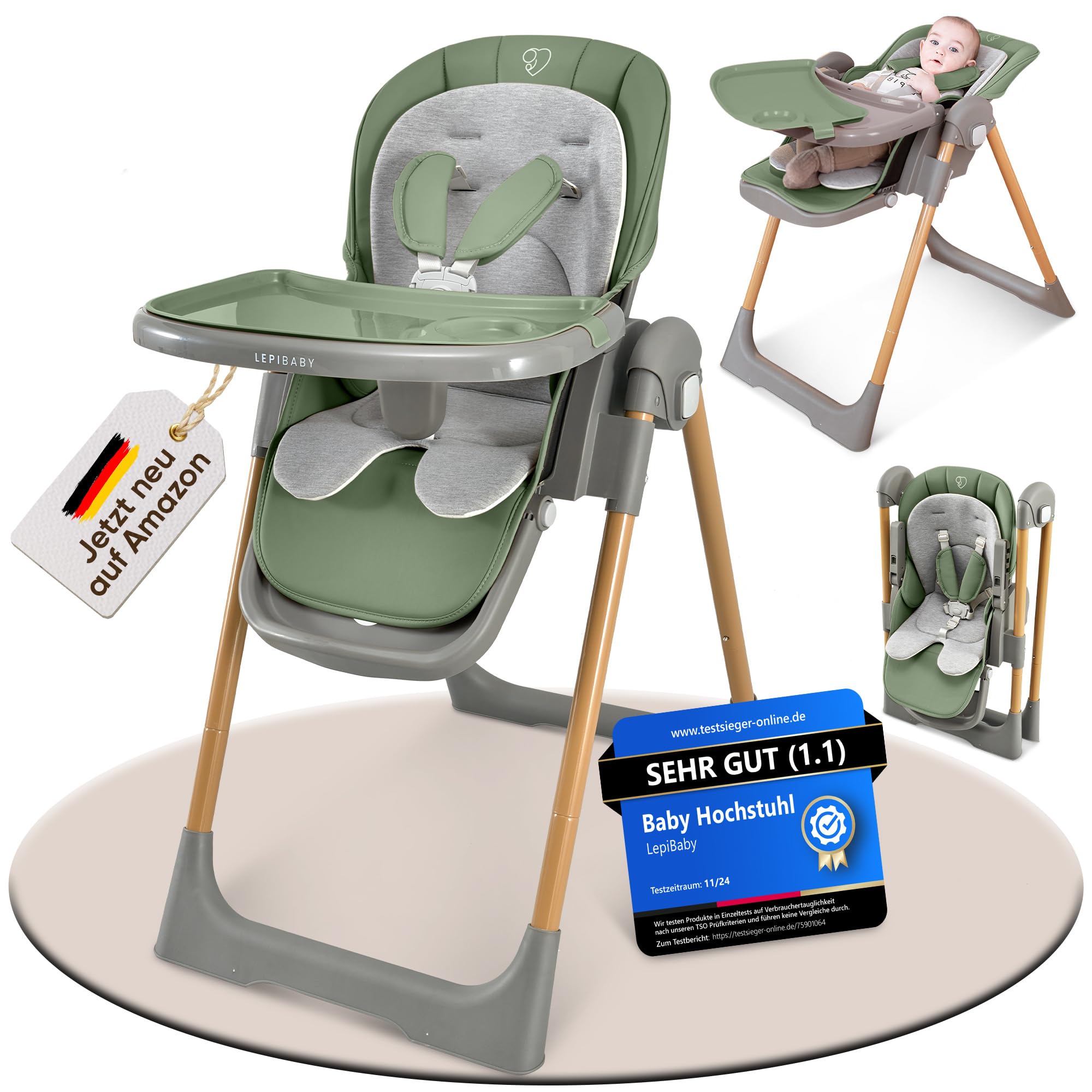 LepiBaby FlexiCo Hochstuhl Baby mit Liegefunktion & Neugeborenenaufsatz, Klappbar & Höhenverstellbar | Kinderstuhl Kinderhochstuhl Babystuhl | Mitwachsend Kind ab Geburt, 1-3 Jahre | Grün