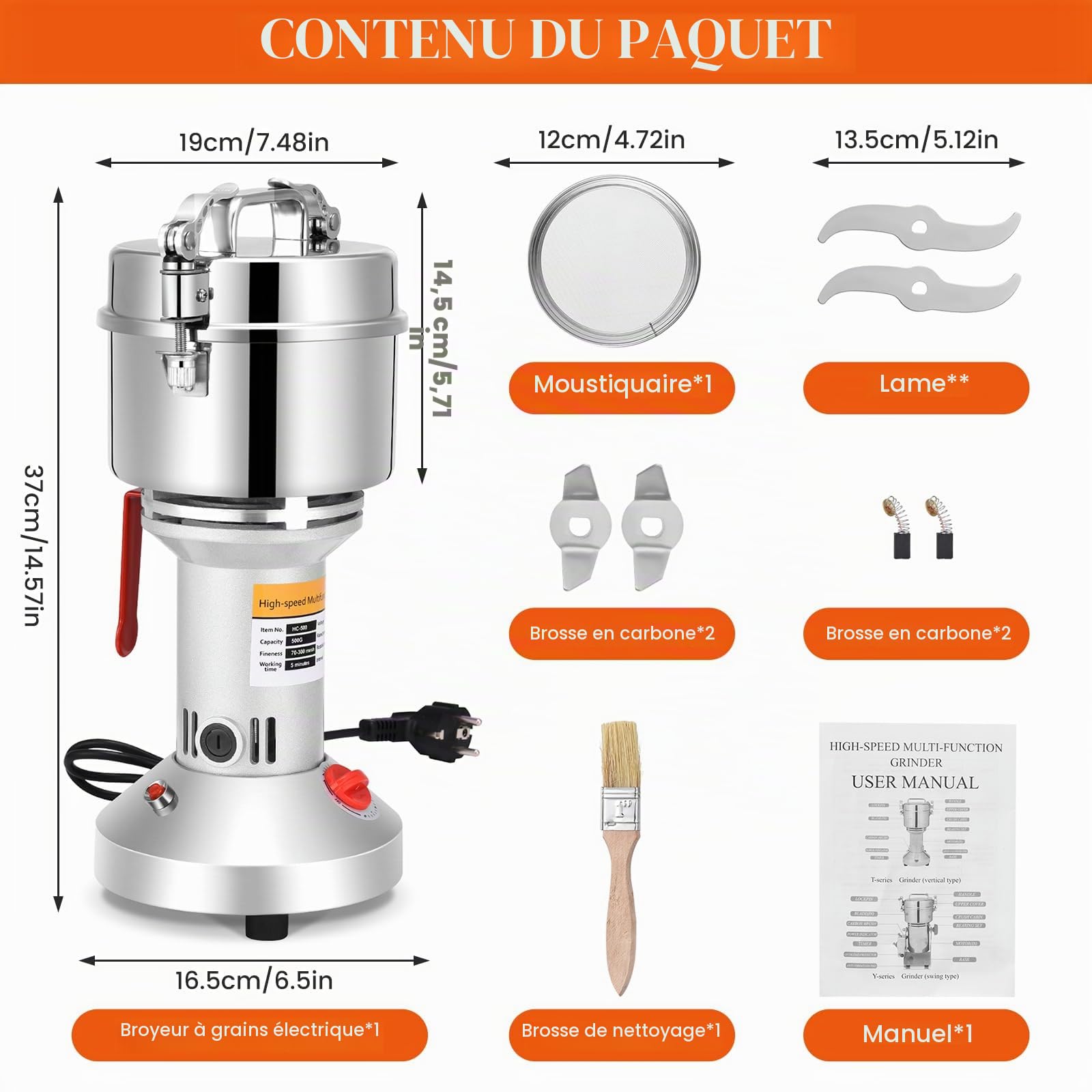 Moulin à Grains Électrique, Aomdom 500 g Grinder Electrique en acier inoxydable moulin cereales à grande vitesse 28000 tr/min Moteur puissant 30 s broyage fin pour grain de cuisine Épice Café Maïs