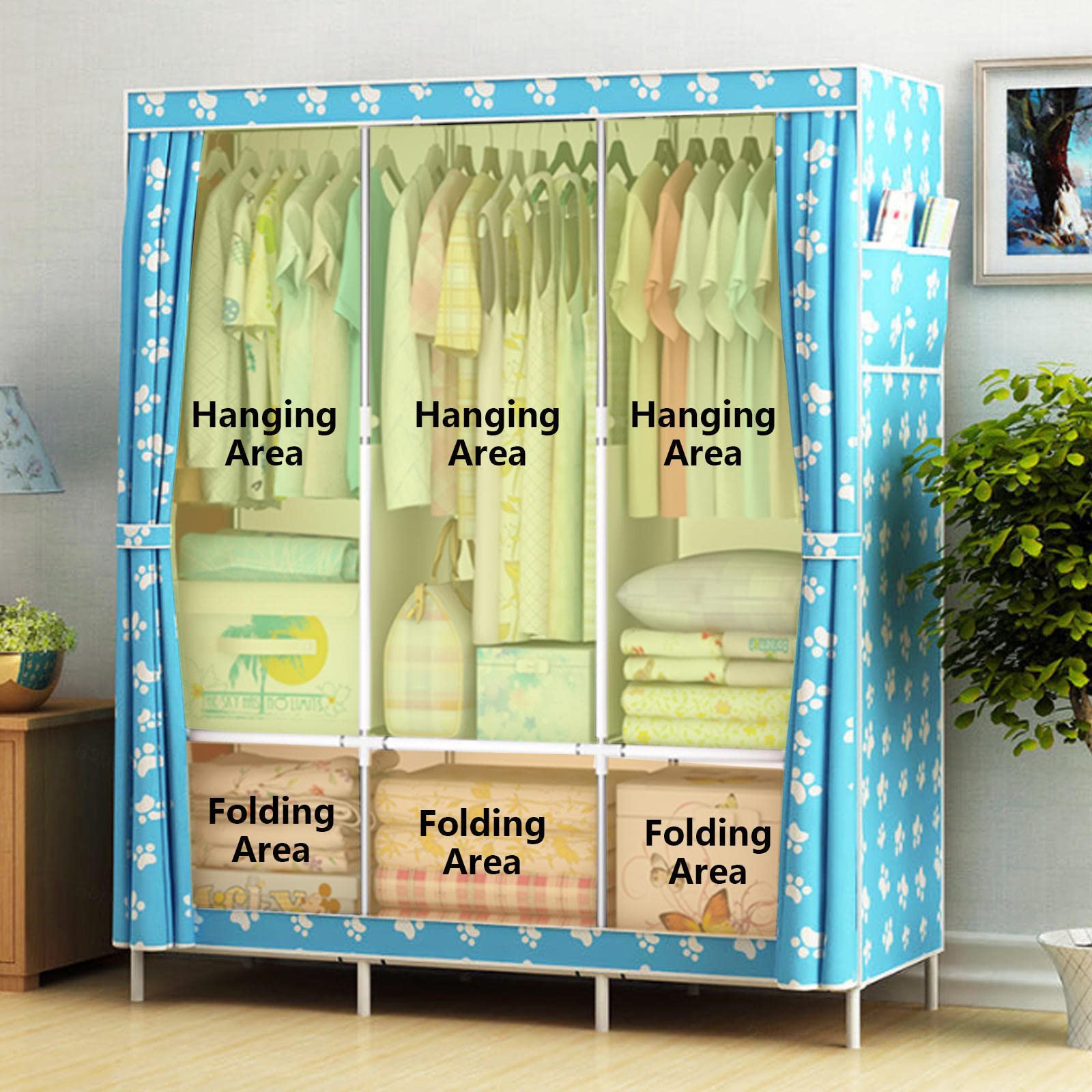 Kleiderschrank Tragbarer Kleiderschrank, Canvas-Kleiderschrank, Kleiderschrank-Aufbewahrungsorganisator mit 3 Kleiderstangen und Seitentaschen, Stoffschränke für Schlafzimmerkleidu