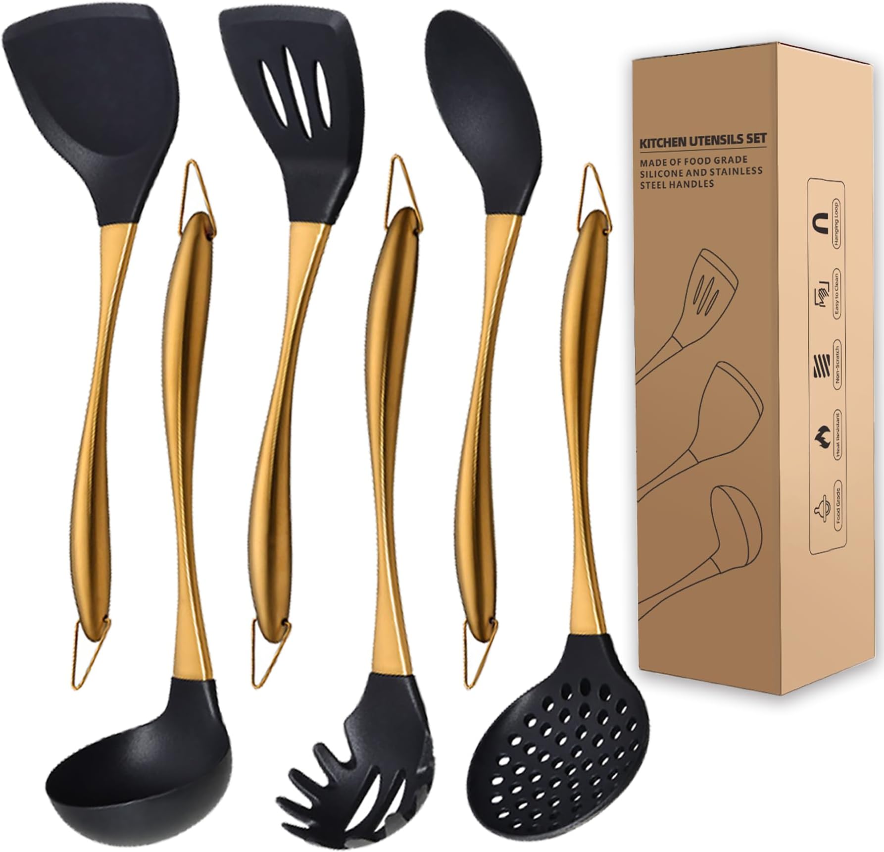 QRU Kitchen Utensils Set, Large Non-stick Silicone Cooking Utensils Set 6 Pcs,Made of 446°F Heat Resistant Food Grade Silicone and Stainless Steel Handles,Easy to Clean Kitchen Gadgets Set (Gold)