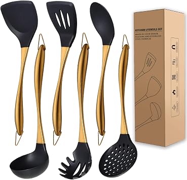 Kitchen Utensils Set, Large Non-stick Silicone Cooking Utensils Set 6 Pcs,Made of 446F Heat Resistant Food Grade Silicone and Stainless Steel Handles,Easy to Clean Kitchen Gadgets Set Gold