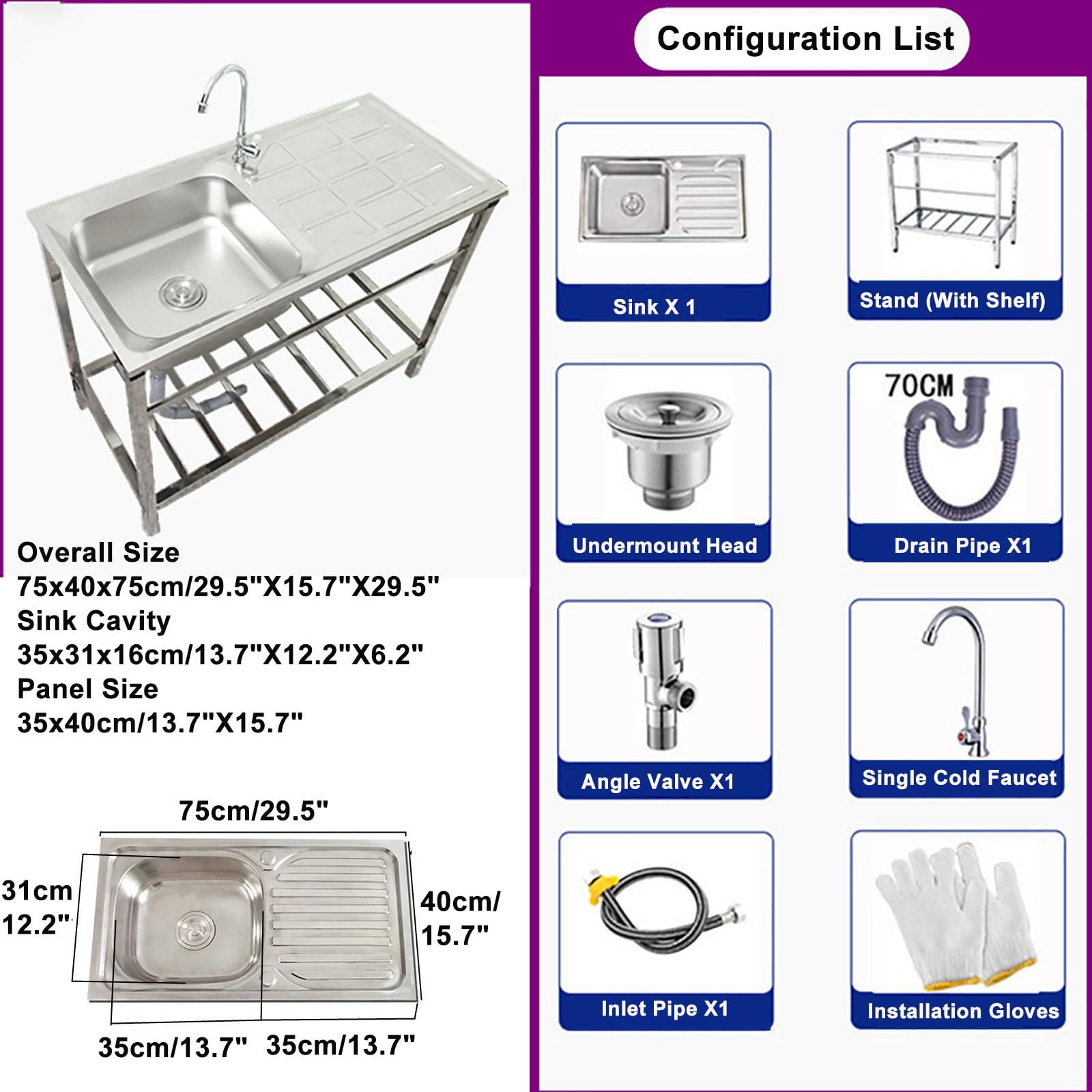 Fregadero Industrial Comercial Con Grifo De Agua Caliente Y Fría Fregadero Independiente 1 Seno Con Estación De Trabajo Fregadero De Acero Inoxidable Con Estante De Almacenamiento Para Lavandería (Si