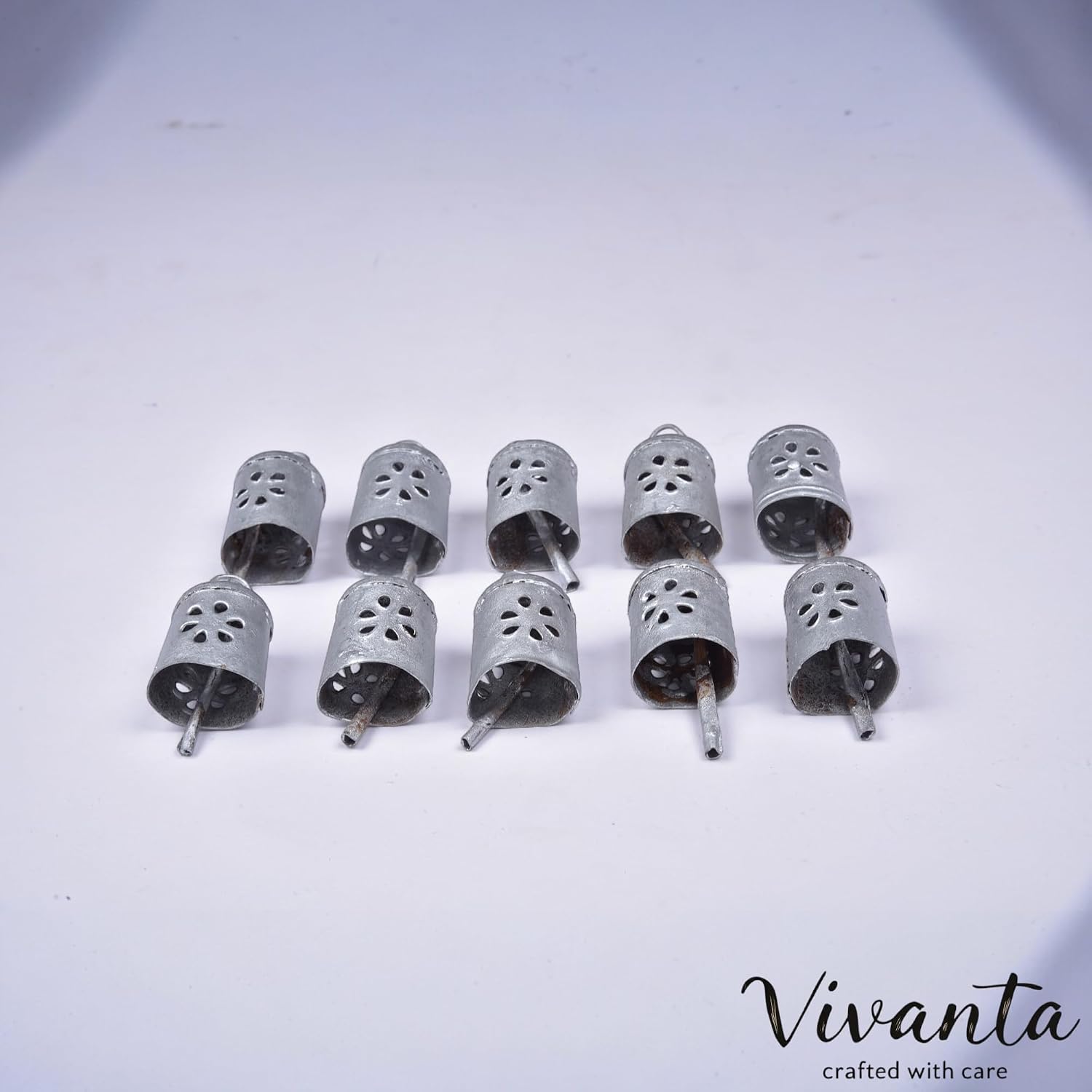 Set of 10 Handmade Silver Bells Rustic Metal Decorative Bells, Mini Cowbells, Antique Hanging Ornaments for Christmas, Vintage Bell for DIY Craft and Wind Chimes Making, Jingle Bell Farmhouse Decor