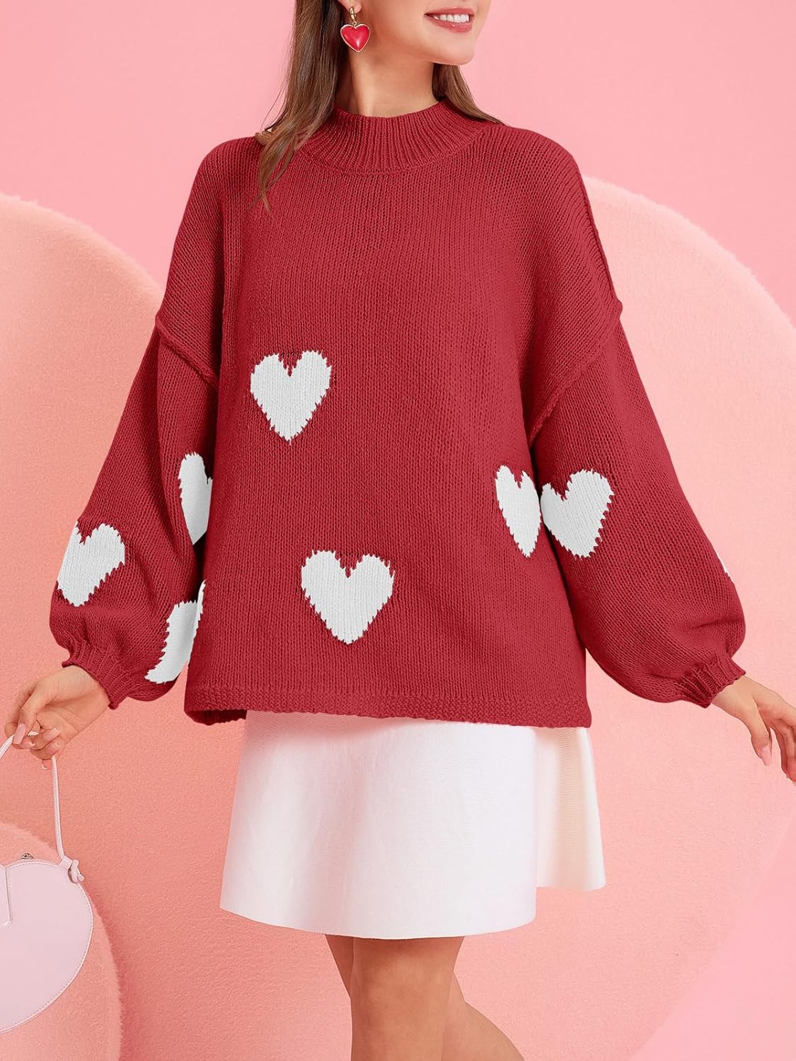 Saodimallsu Womens Oversized Heart Sweater Valentines Cute Mock Neck Chunky Knit Long Sleeve Tunic Sweaters - Image 3