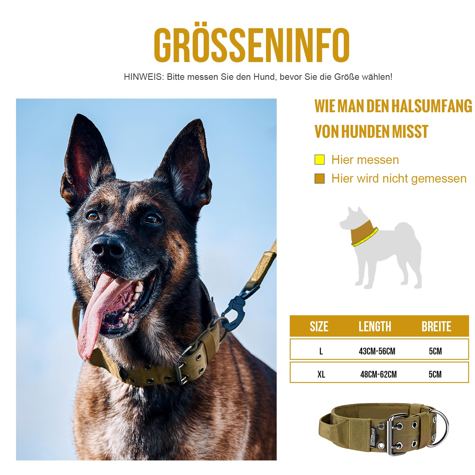 OneTigris Collier pour Chien de 5 cm de Large avec Poignée et Patch pour Grands Chiens - Marron - Taille L