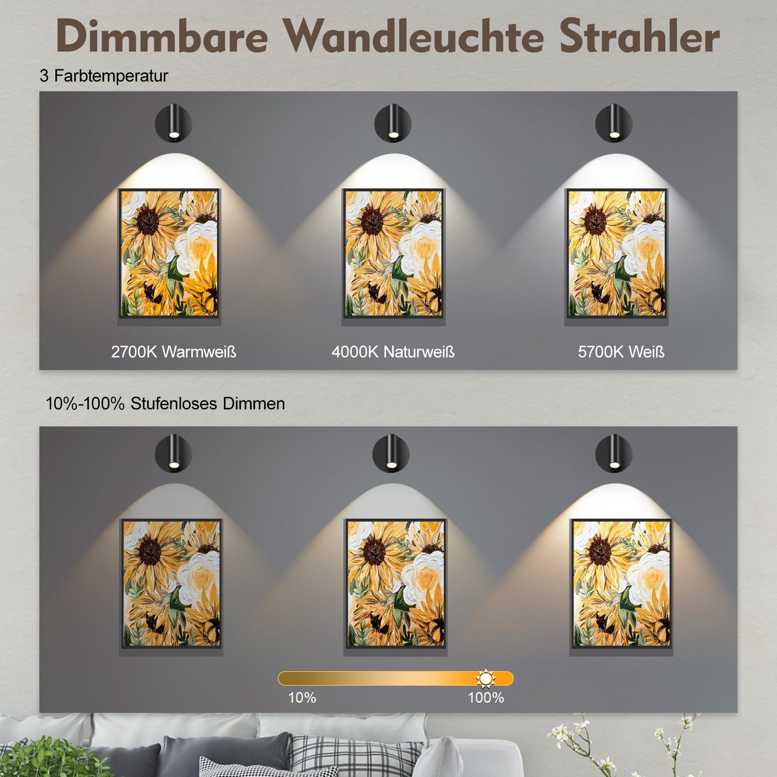 SMY Lighting Lampa ścienna LED do wnętrz, punktowa bezprzewodowa z akumulatorem, 3 temperatury barwowe, funkcja timera, dotykowa i pilot zdalnego sterowania, możliwość ściemniania, reflektor do