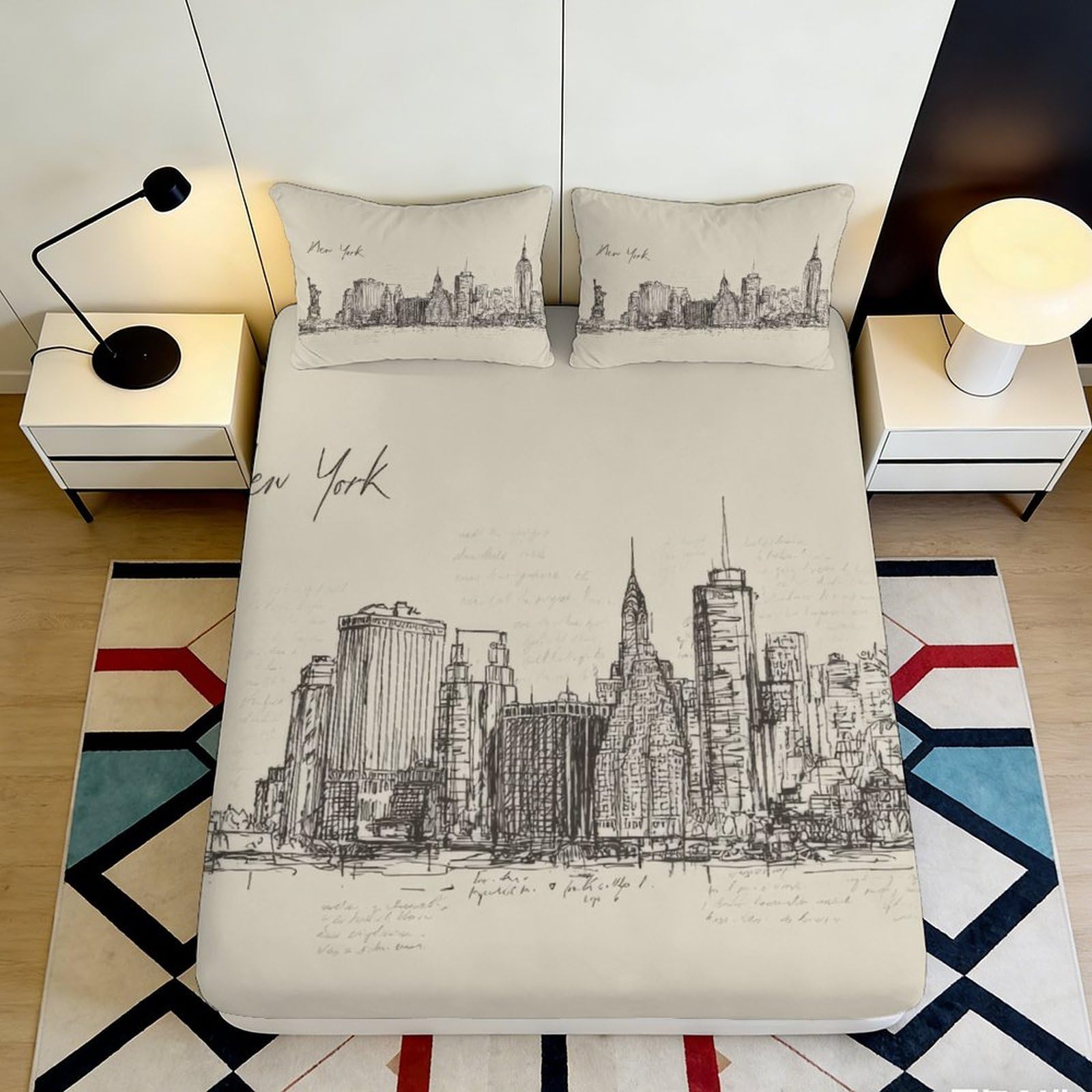 3D Printed New York City Skyline Fitted Sheet Microfiber Soft Modern Urban Bed Cover for Bedroom Guest Room Decor 90x200x25cm