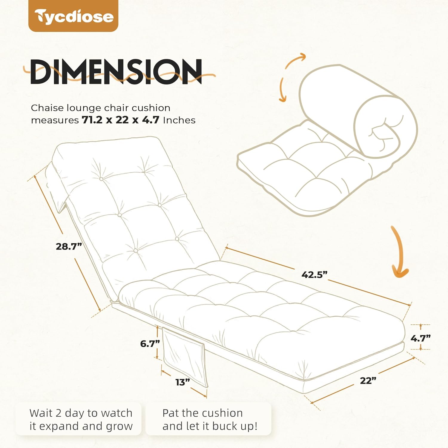 Outdoor Lounge Chair Cushion, Waterproof Replacement Chaise Lounge Cushions for Outdoor Furniture Thickened 71 x 22 x 4.7 Inches Non-Slip Patio Pool Lounge Chair Cushions with Ties (Cream)