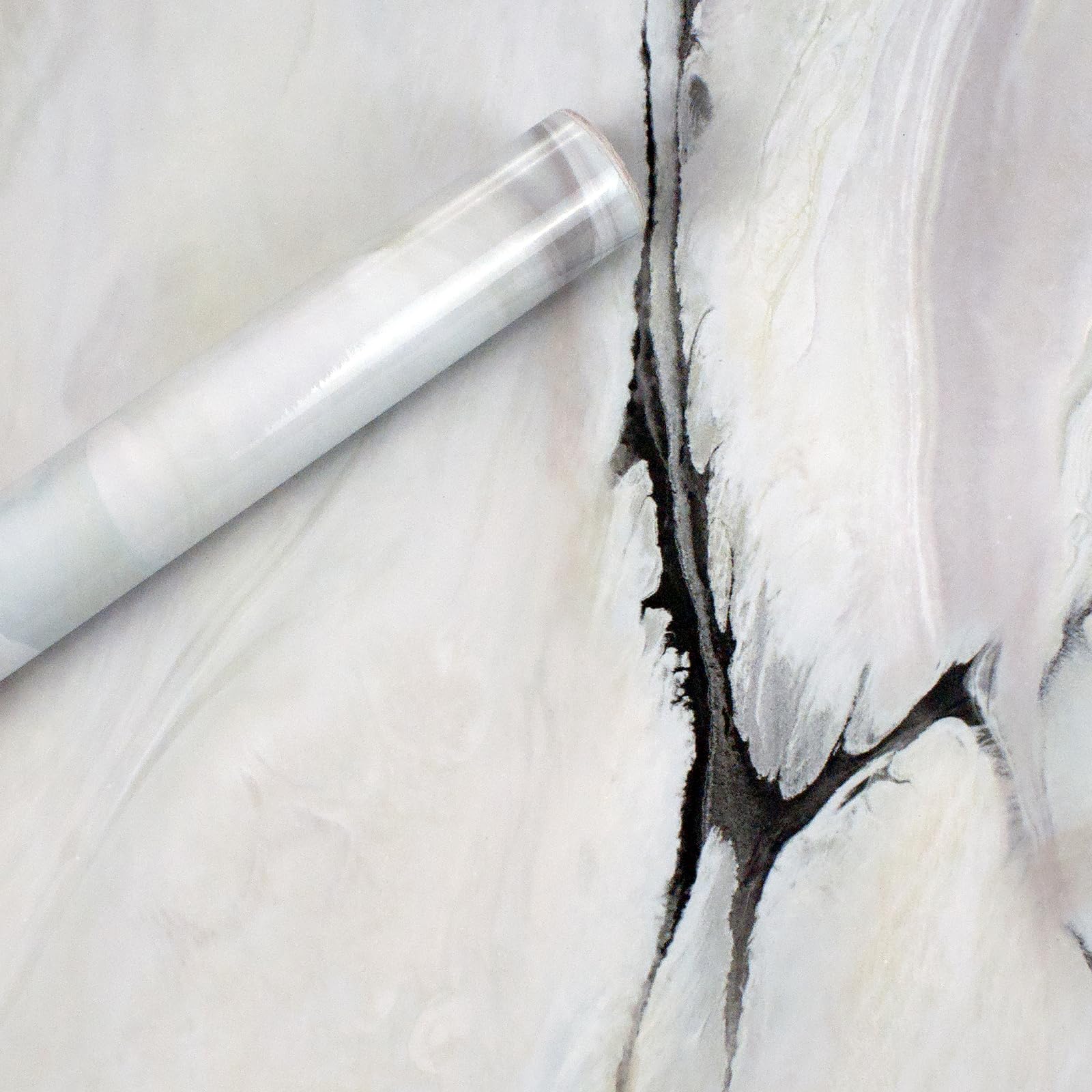 Papier peint marbre blanc adhésif 39,7x236cm, papier contact granit brillant