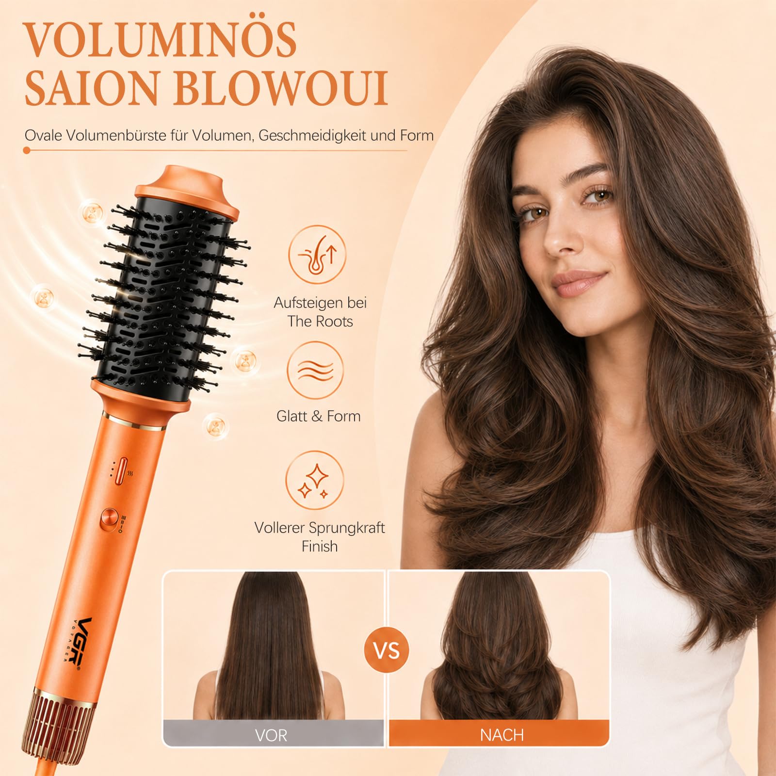 VGR 478 6-in-1 Hairstyler, 1300W Haarstyling Geräte Mit Föhnbürste Und Rundbürstenföhn, Airstyler Mit 3 Lüftergeschwindigkeitsstufen Und 4 Temperaturstufen, Lockenföhn Mit Abnehmbare Rückseite, Orange