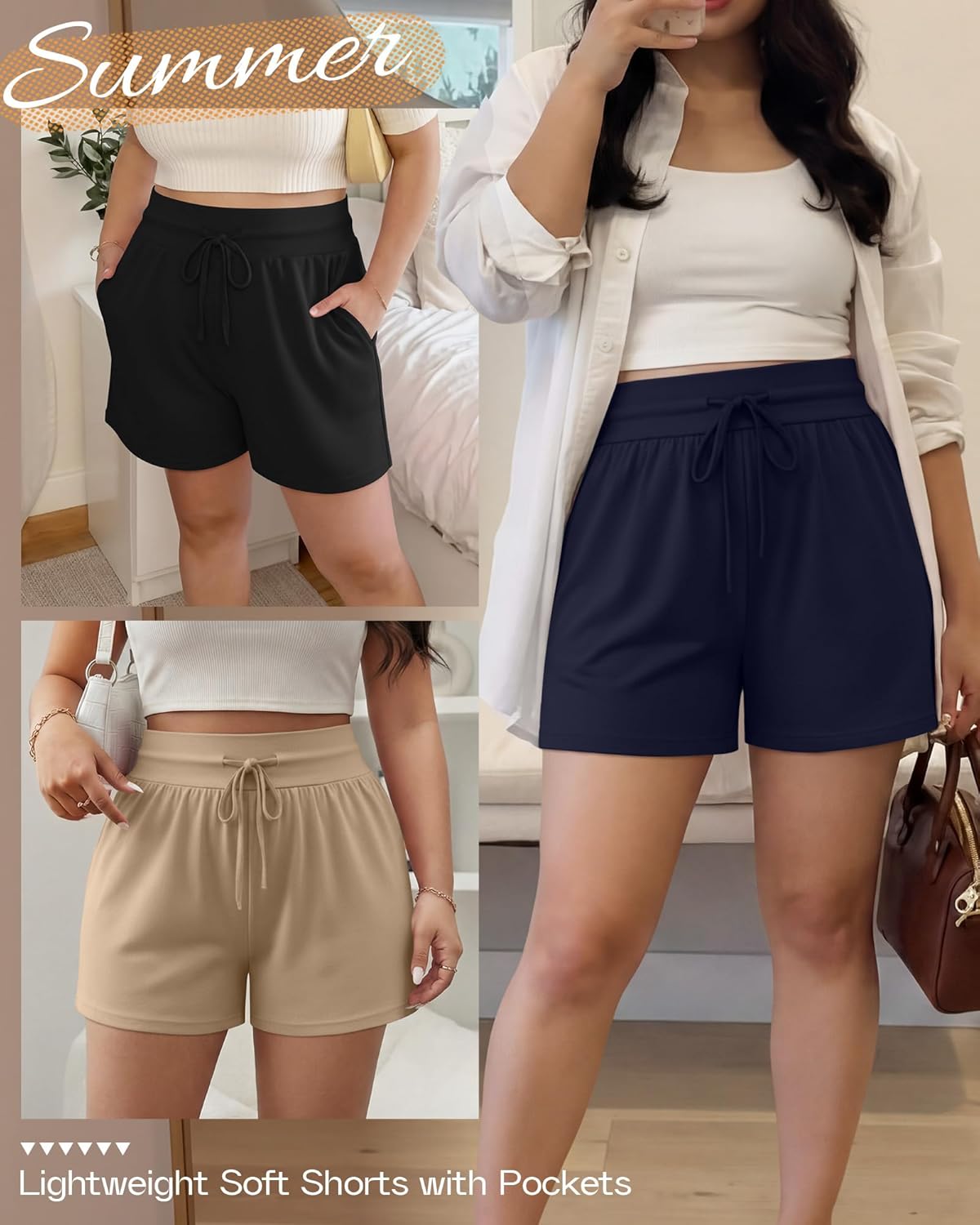 Neer 3 Pack Women's Plus Size Sweat Shorts, Drawstring Lounge Shorts Casual Summer Lightweight Soft Shorts with Pockets - Image 4