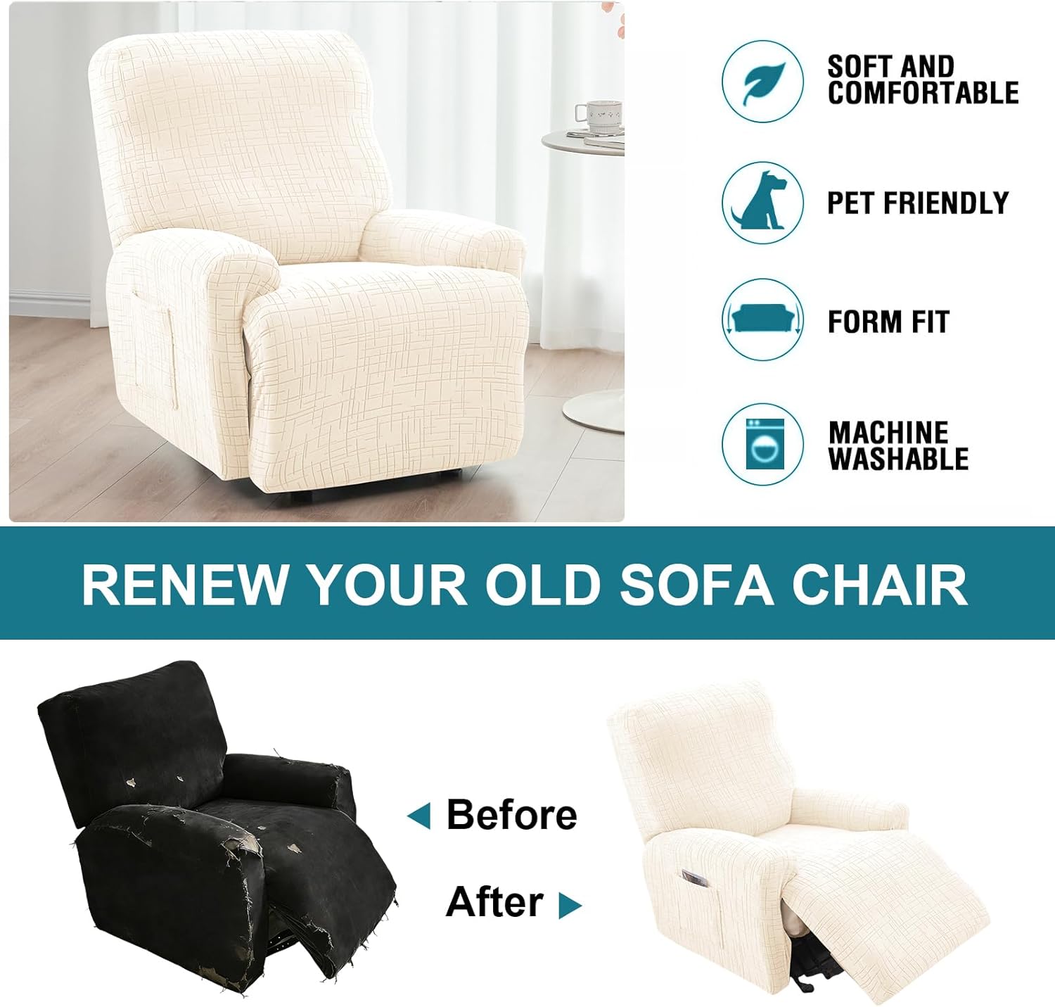 KRFOONN Stretch Recliner Slipcovers Jacquard Recliner Chair Covers 4-Piece Lazy Boy Recliner Covers Non Slip Reclining Furniture Protector Sofa Couch Cover with Elastic Bottom for Kid Pet, T9