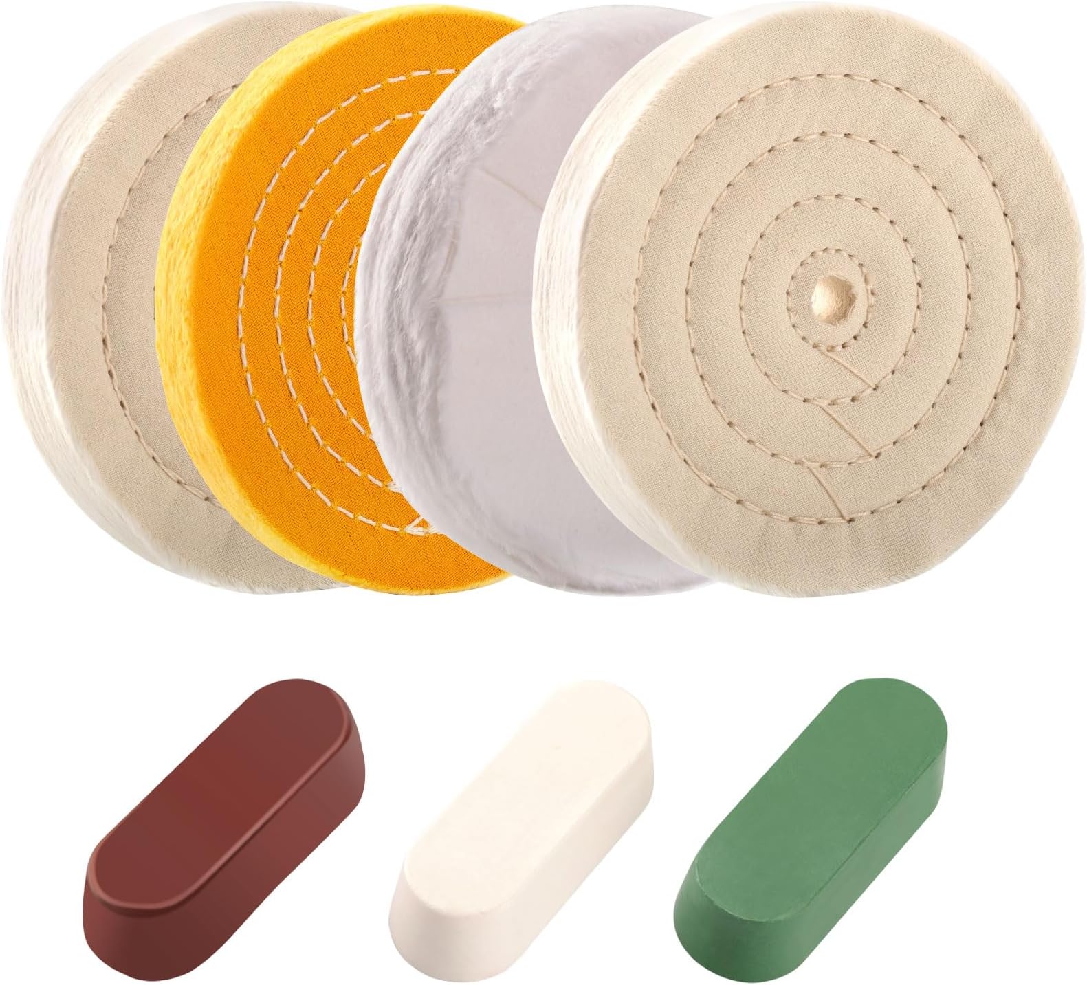 7PCS 6 Inch Polishing Wheels Kit for Bench Grinder, 1/2" Arbor Hole White Cotton Polish Wheels(50Ply), Yellow Cotton Wheel(42Ply), Soft Flannel Buffing Wheel(30Ply)& 3 Polishing Compound Set