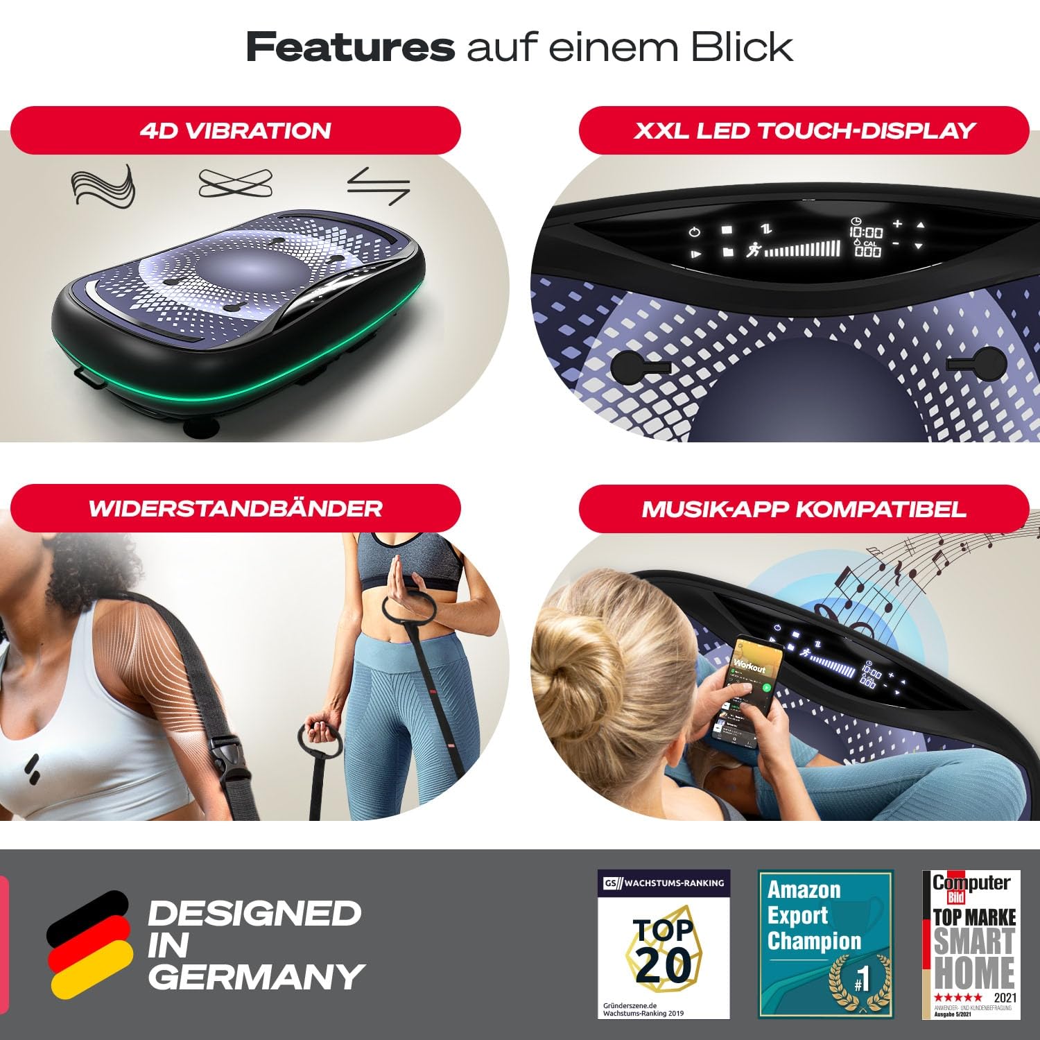 Sportstech 4D Premium Vibrationsplatte | Deutsche Qualitätsmarke | Smart LED I 3 leise Motoren I Workout Sitz & Liegestützgriffe | Touch Display + Bluetooth I Fitness & Yoga für Zuhause|VP500