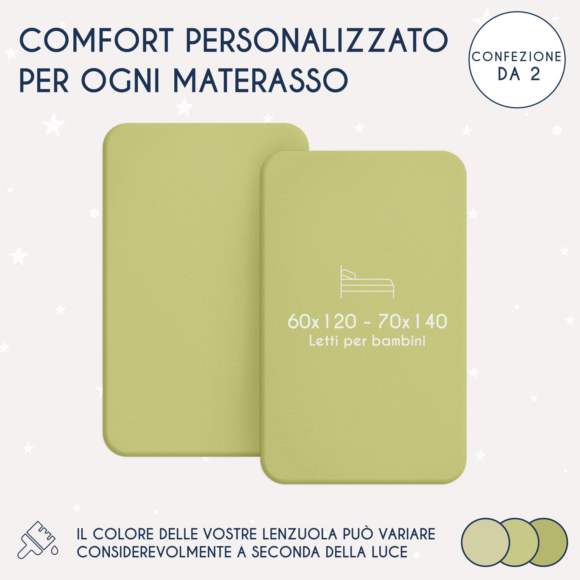 Dreamzie - Set 2 Lenzuolo con Angoli Cotone Bambini - 60x120/ 70x140- Oeko Tex certificato - Verde - Lenzuolo con Angoli 60x120/ 70x140