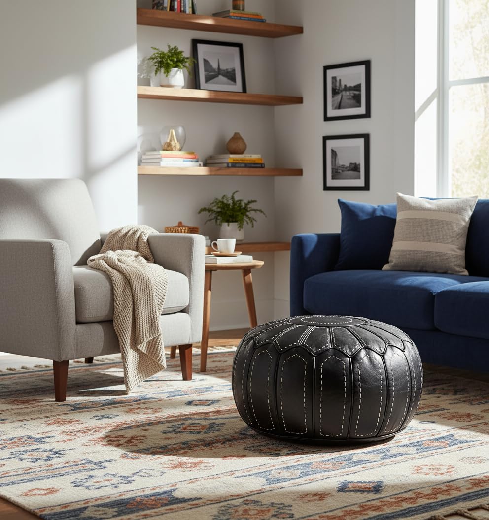 ESSENCE OF MOROCCO Pouf marocain en cuir, repose-pieds ottoman, noir, fait à la main, cousu à la main, design contemporain (housse uniquement)