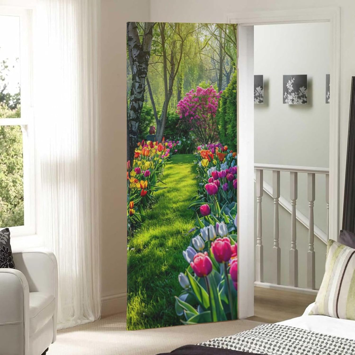 Spring Garden Pattern Door Cover Stretch Fabric Front Door Covers Waterproof Door Decorations for Indoor Outdoor Home Party Holiday, 35 x 79in
