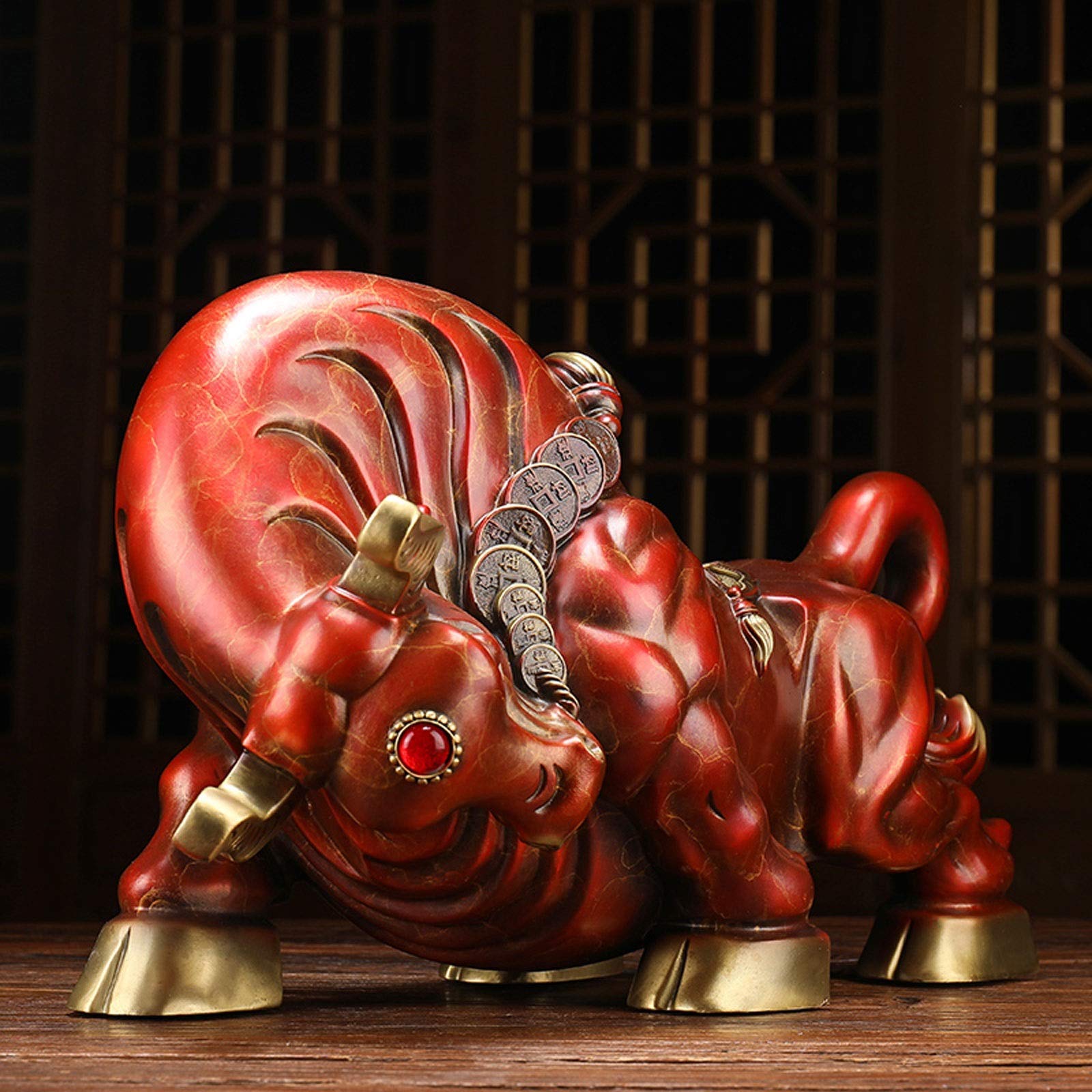 Speesy 2X Feng Shui Fortune Brass Bull standbeeld, sculptuur woondecoratie gouden koperen stier vertegenwoordigt goed van carrière