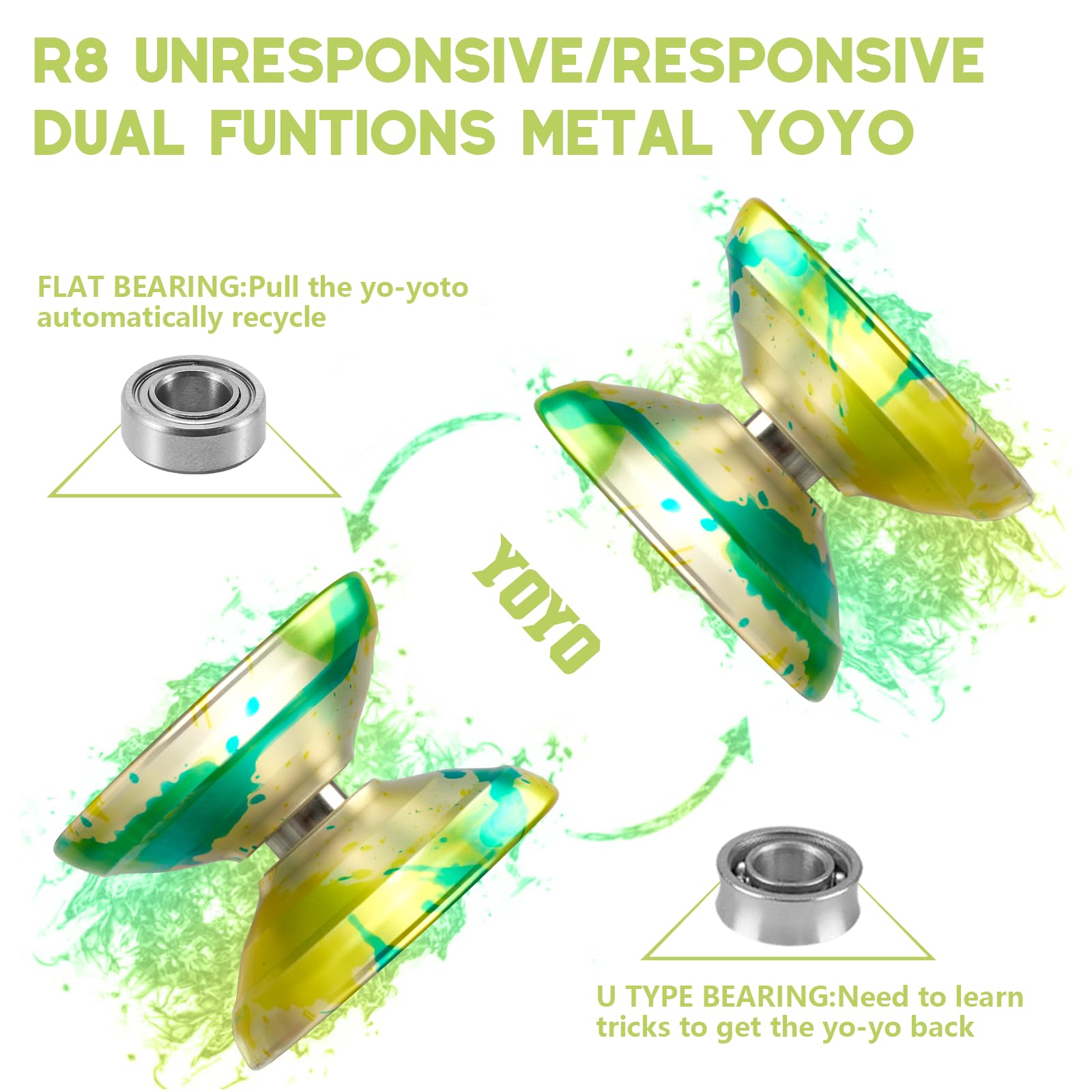 WATIEOBOO R8 Responsive Yo yo Professional, Metal Yoyos for Kids Adults Beginner, Replacement Unresponsive Yoyo Bearing for Advanced Yoyo Player + Removal Bearing Tool + Axle (Yellow Green)