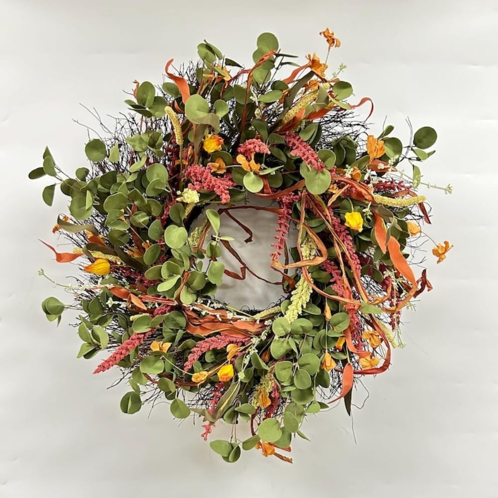 Autumn Harvest Wreath for Front Door, 22 Inch Fall Wreath with Eucalyptus, Orange Blossoms and Yellow Flowers for Thanksgiving Porch Decor Indoor Outdoor Farmhouse Harvest Festival