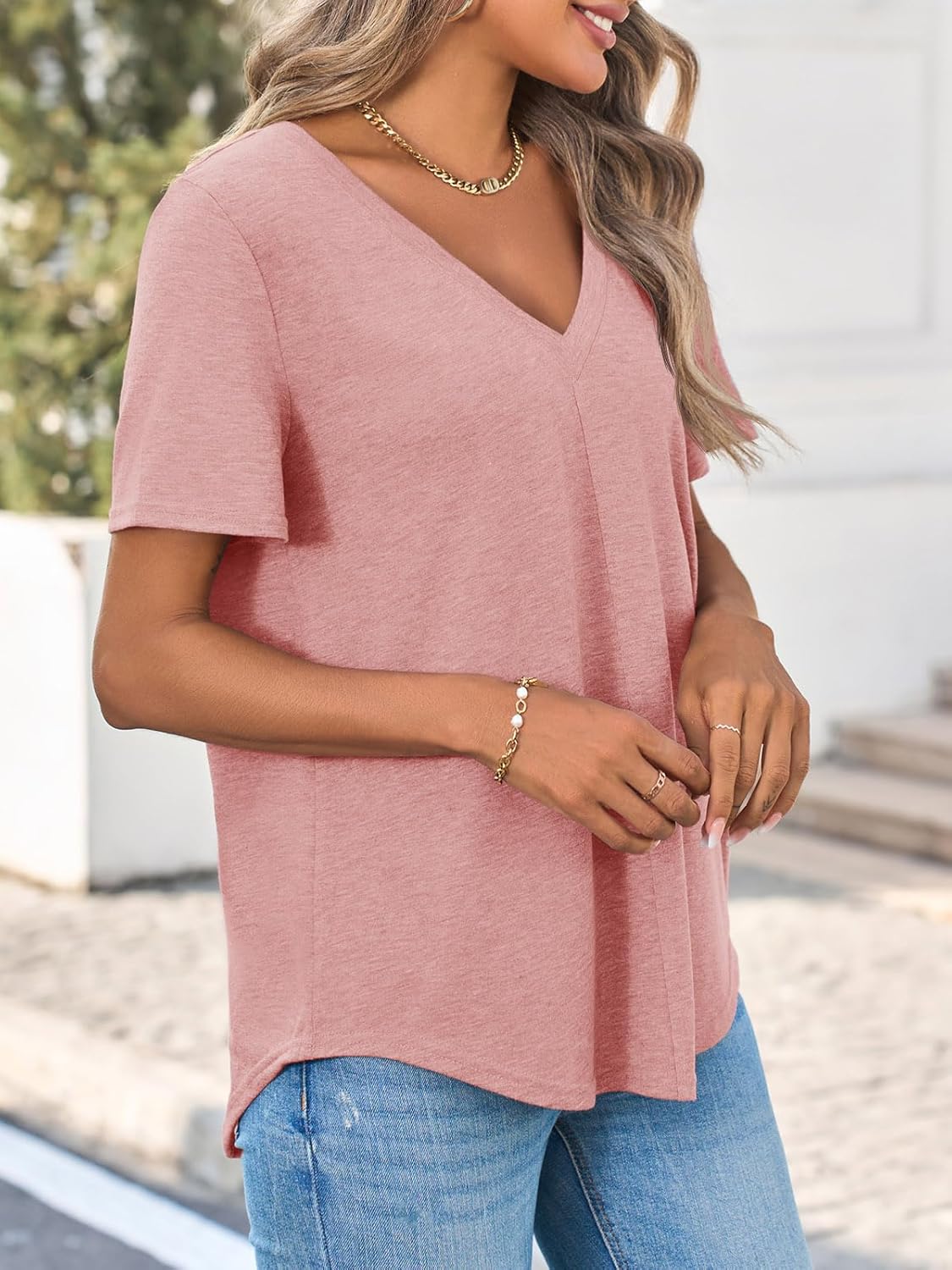 Cicy Bell Womens V Neck T Shirts Summer Short Sleeve Curved Hem Tops Casual Loose Fit Tunic Basic Tee Shirts - Image 4