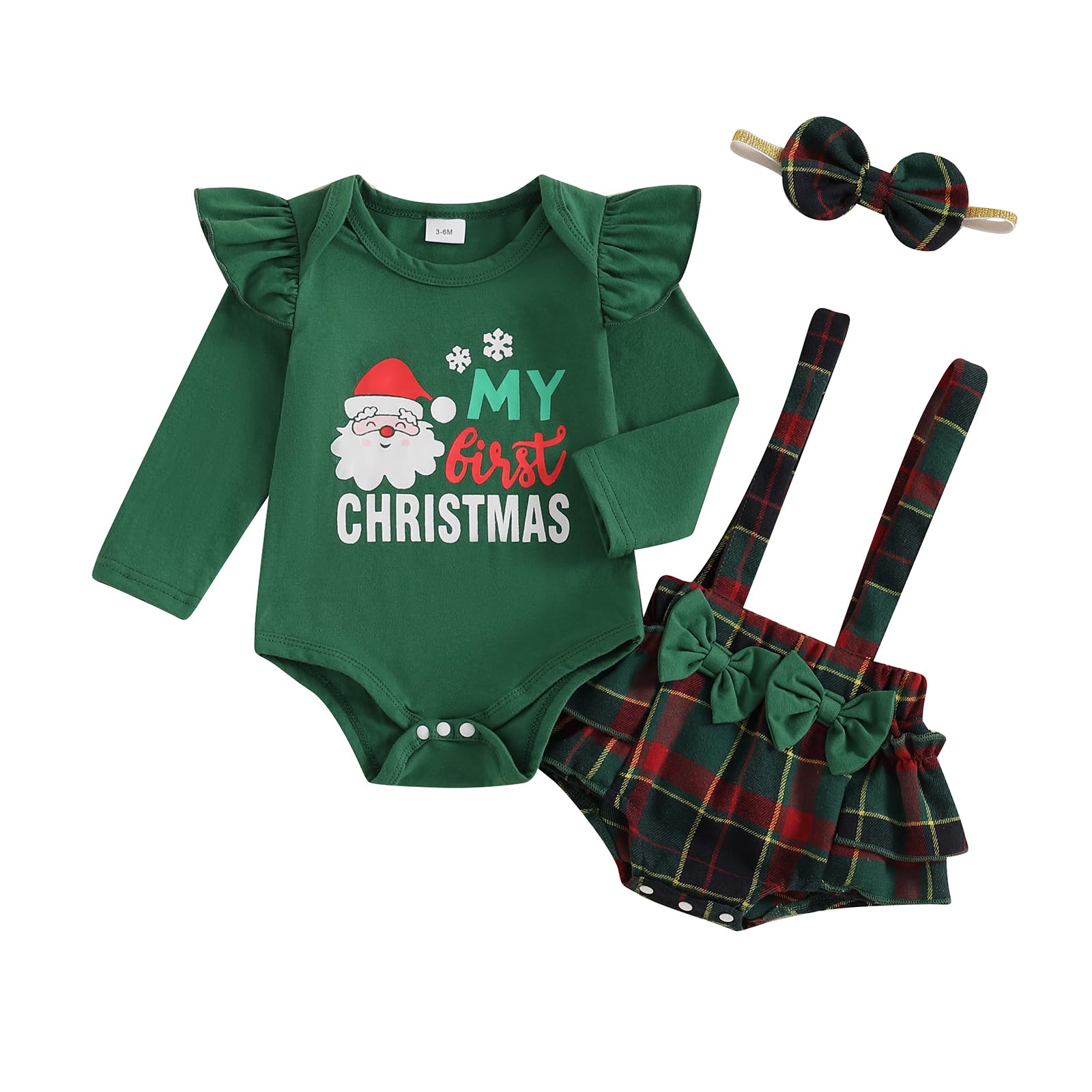 Twopumpkin My First Christmas Baby Girl Outfit Newborn Bufflao Plaid Flannel Ovealls Santa Romper Outfits Holiday Dress (Plaid First Christmas Santa Green, 0-3 Months)