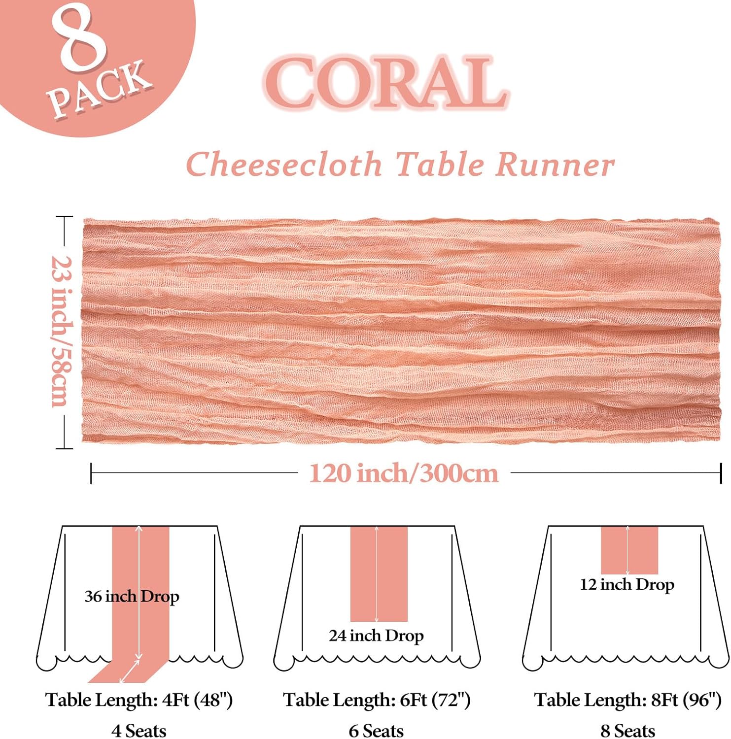8 Pack Coral Cheesecloth Table Runner 10Ft Spring Gauze Peach Cheese Cloth Table Runner 120 Inch Boho Sheer Rustic Fabric for Holiday Decor Bridal Baby Shower Wedding Decoration