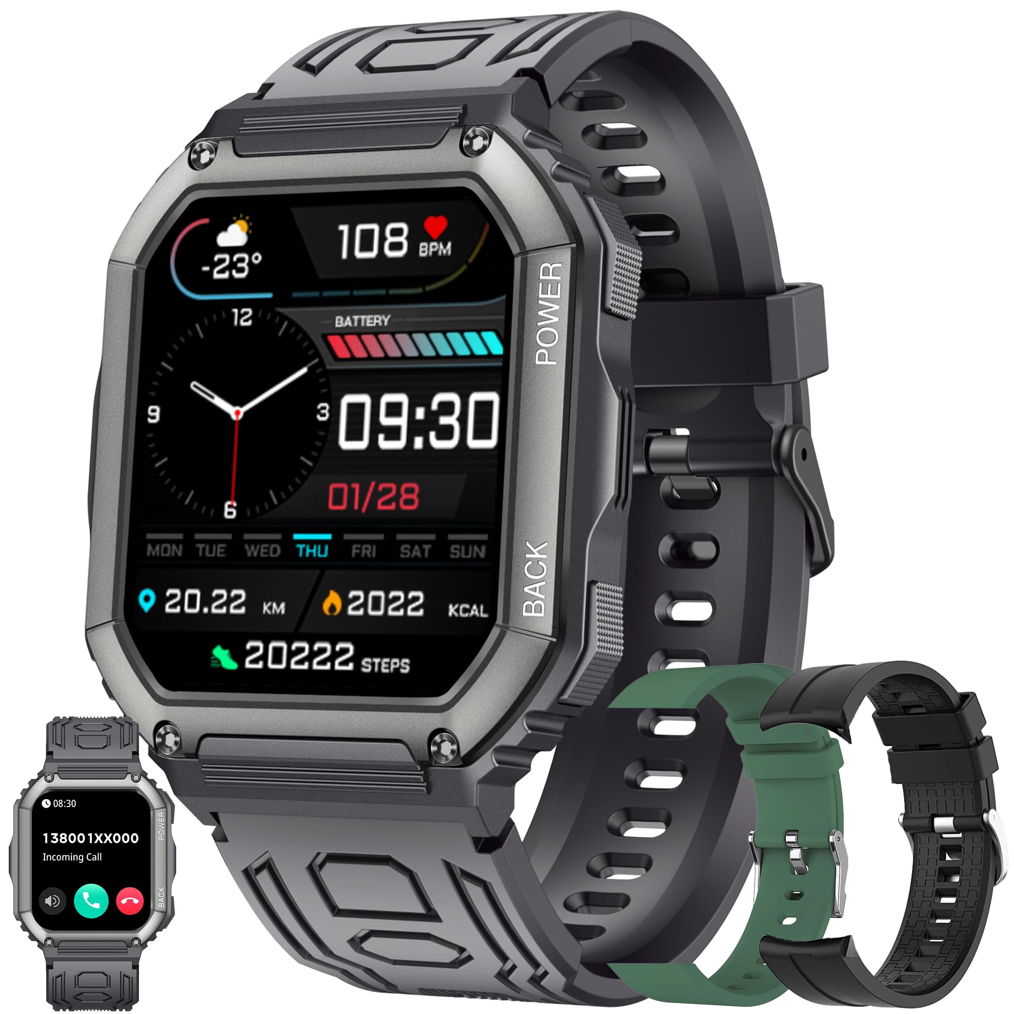 Smart Watch męski z funkcją telefonu, 1,8" HD, zegarek sportowy z Bluetooth, do monitorowania tętna i krokomierza, dla systemów iOS i Android, z 3 paskami (czarny)