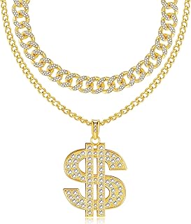 Tatuo 2 Pieces Plated Chain for Men with Dollar Sign Pendant Necklace, Hip Hop Dollar Necklace (Gold A,Trendy Style)