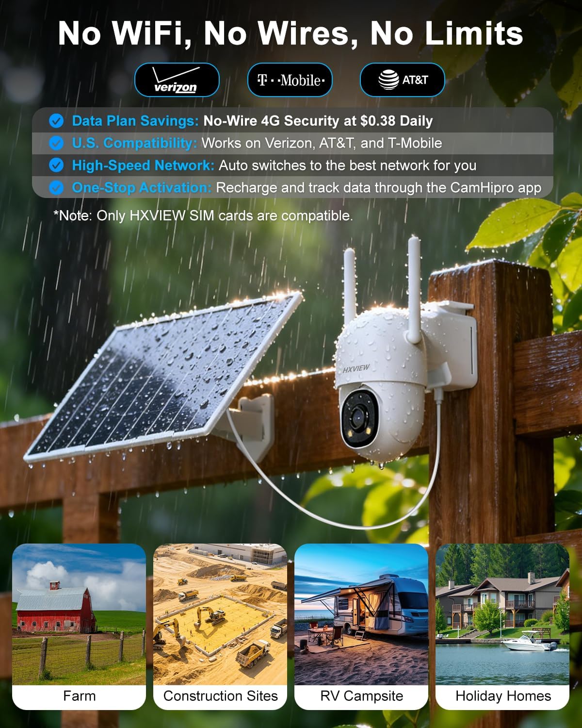 4G LTE Solar Cellular Security Camera Outdoor Wireless, 24/7 Continuous Recording, Auto Tracking, AI Detection, 15000mAh Battery and 8W Solar Panel, with SIM Card and 32GB SD Card, No WiFi